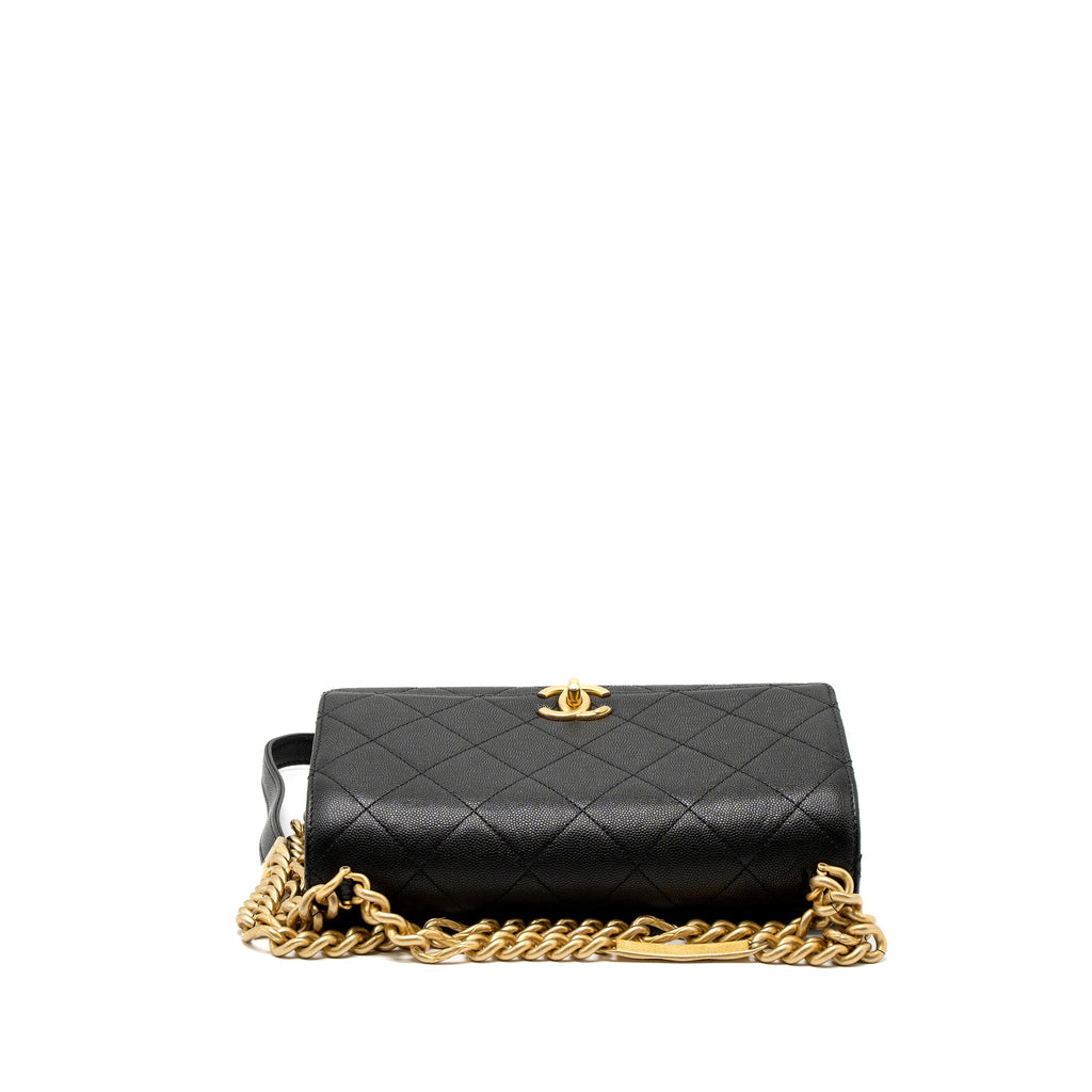 Chanel Flap Bag With Detail Chain Grained Calfskin Black Brushed  (Microchip)