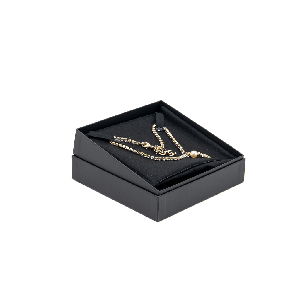 Chanel Pearl and CC logo with crystal chain necklace light gold tone