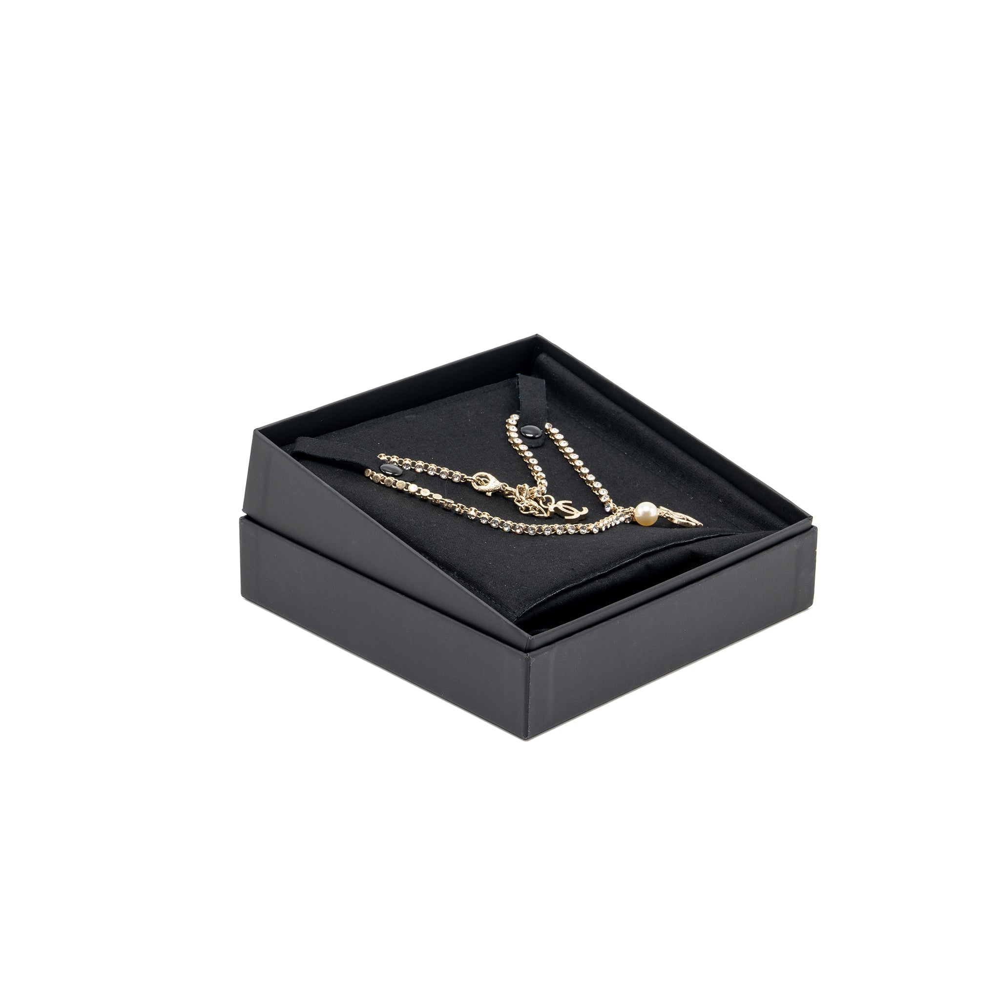 Chanel Pearl and CC logo with crystal chain necklace light gold tone