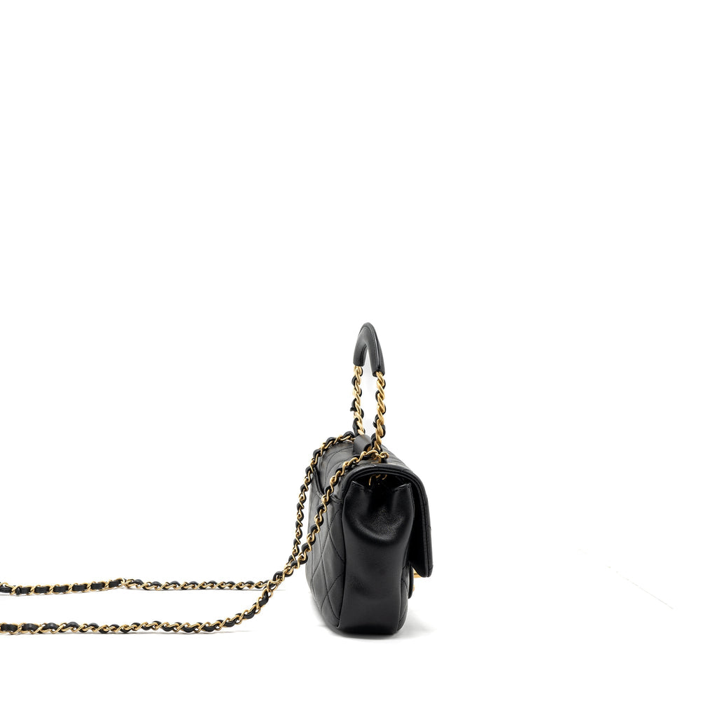 Chanel CIRCULAR HANDLE QUILTED FLAP BAG LAMBSKIN BLACK BRUSHED
