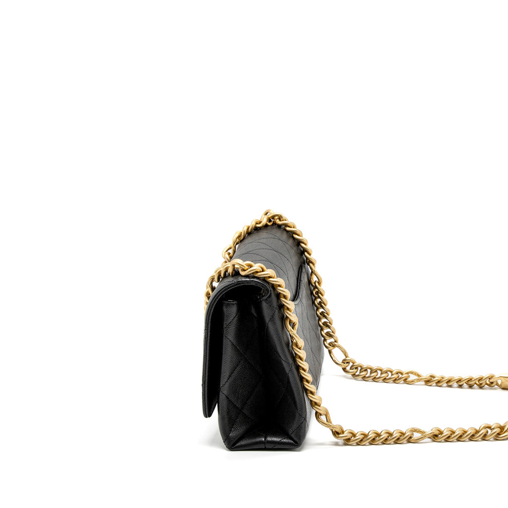 Chanel Flap Bag With Detail Chain Grained Calfskin Black Brushed  (Microchip)