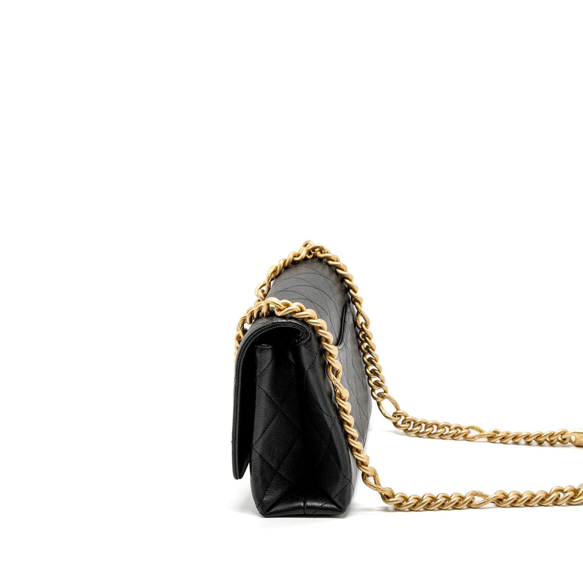 Chanel Flap Bag With Detail Chain Grained Calfskin Black Brushed  (Microchip)