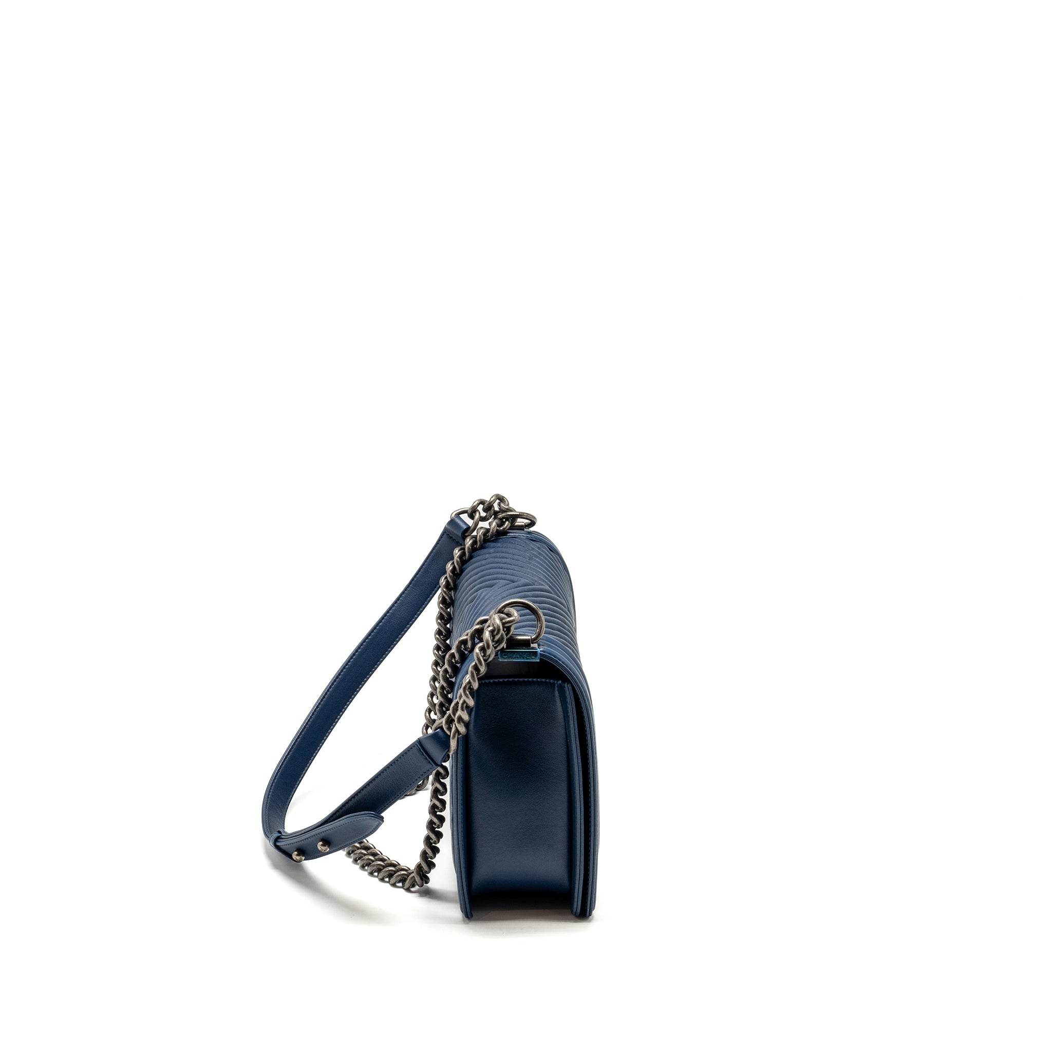 Chanel new medium boy bag chevron Lambskin blue ruthenium
