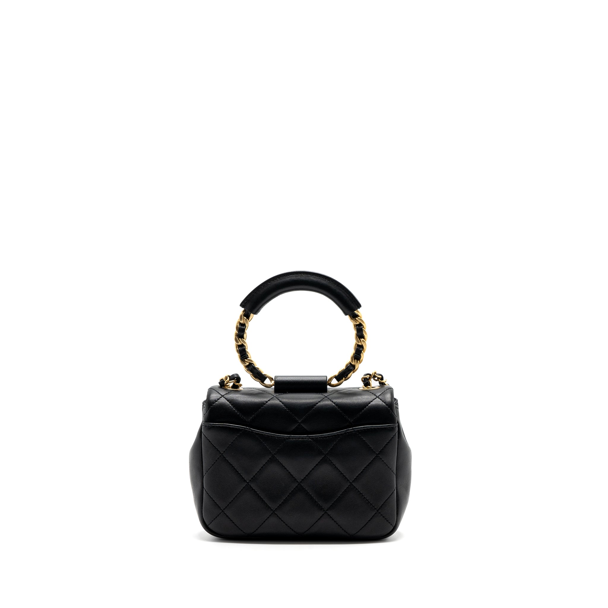 Chanel CIRCULAR HANDLE QUILTED FLAP BAG LAMBSKIN BLACK BRUSHED