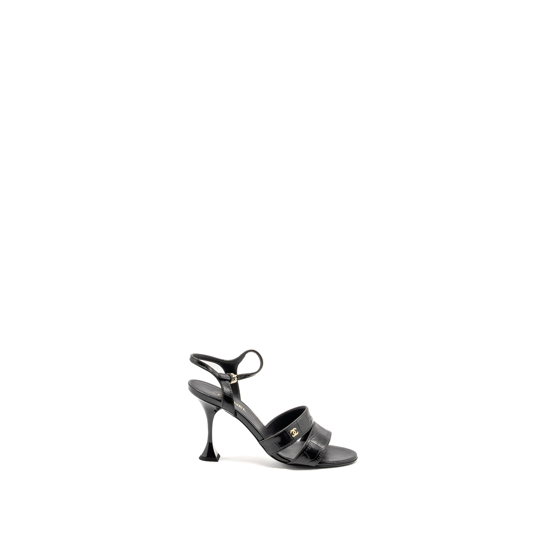 Chanel Size 36 CC Sandals Matte Crocodile-Embossed Calfskin Black