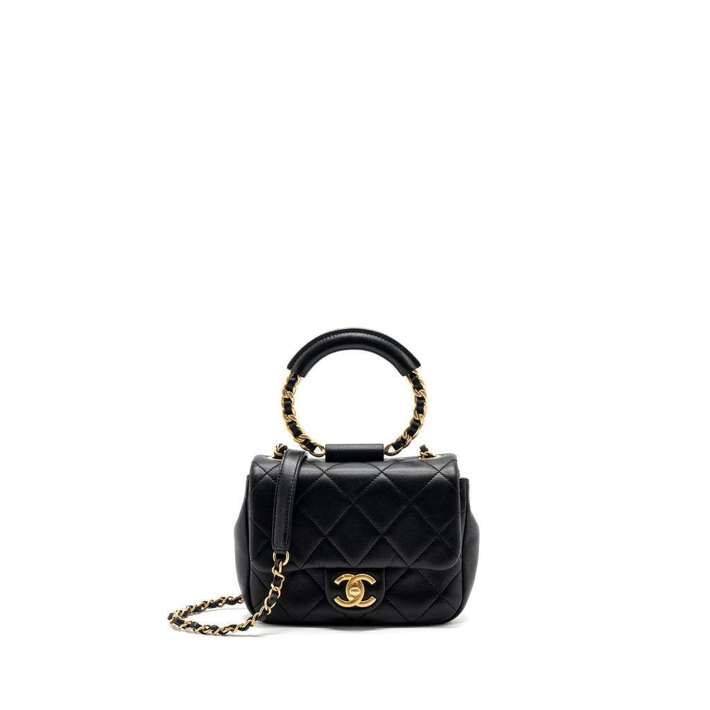 Chanel CIRCULAR HANDLE QUILTED FLAP BAG LAMBSKIN BLACK BRUSHED
