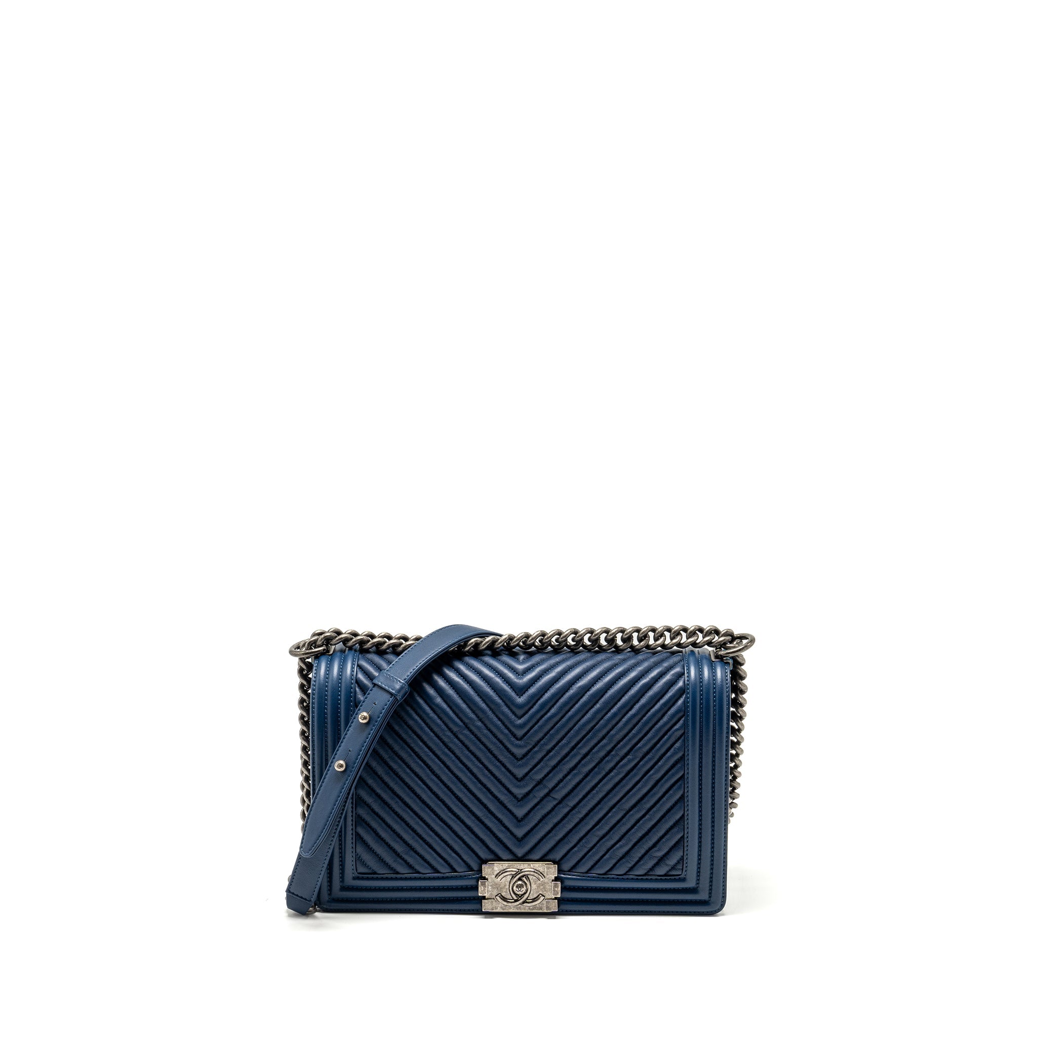 Chanel new medium boy bag chevron Lambskin blue ruthenium