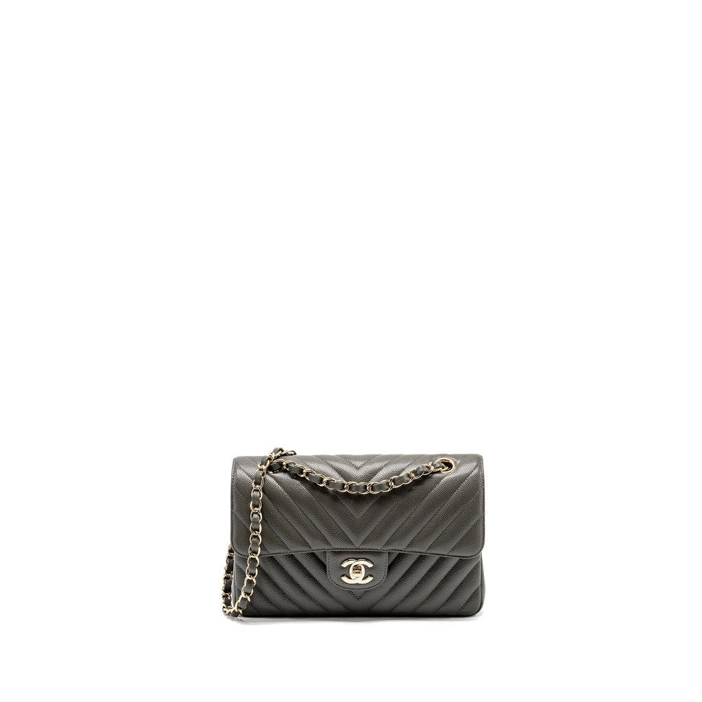 Chanel Small Classic Double Flap Bag Chevron Caviar Dark Grey L