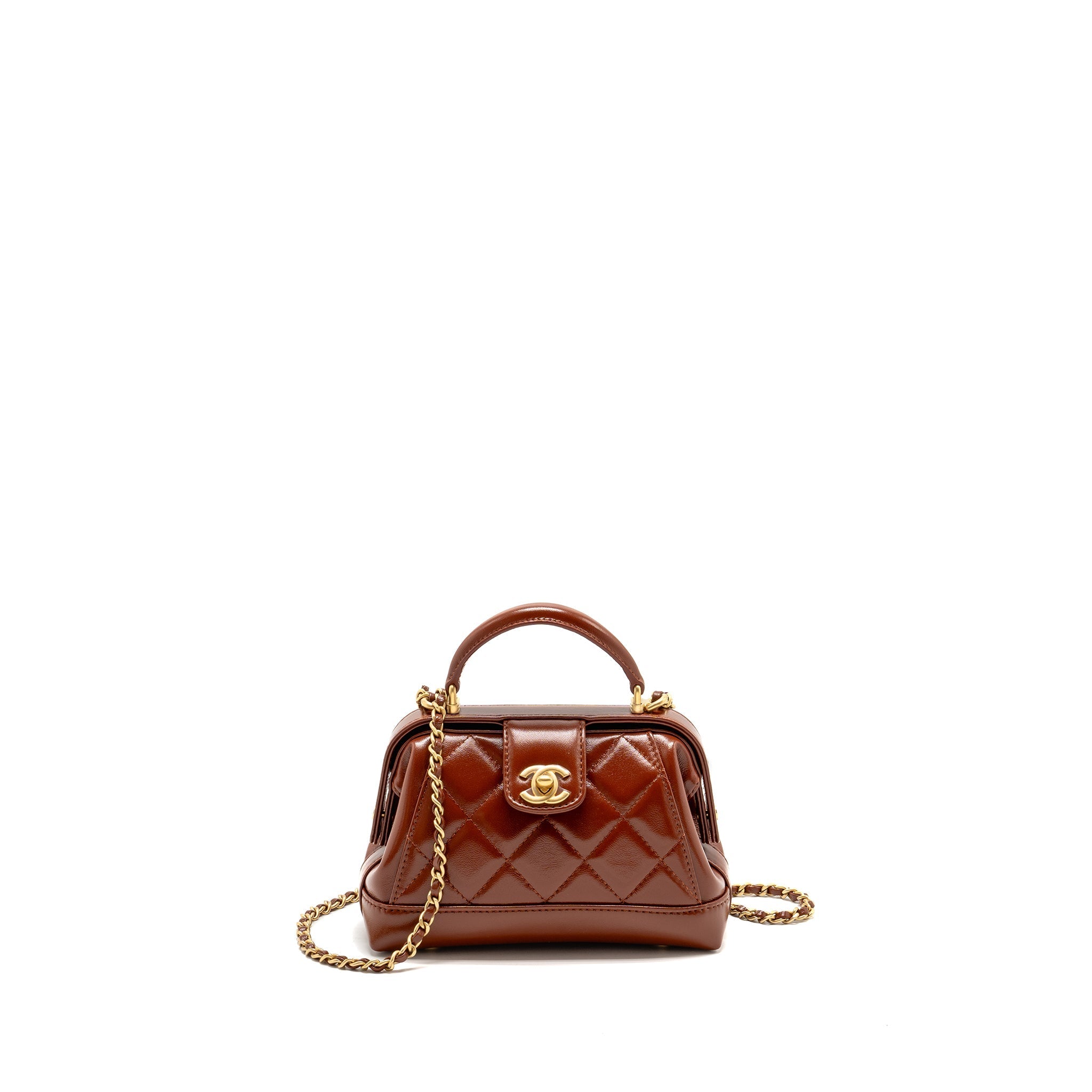 Chanel 24a Small Top Handle Doctor Bag Quilted Shiny Lambskin Caramel (microchip)