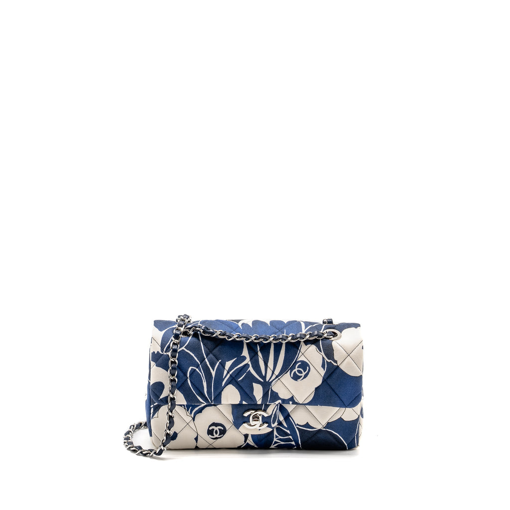 Chanel Medium Limited Edition Flora Printed Classic Flap Bag Silk Blue/WHITE  (Microchip)