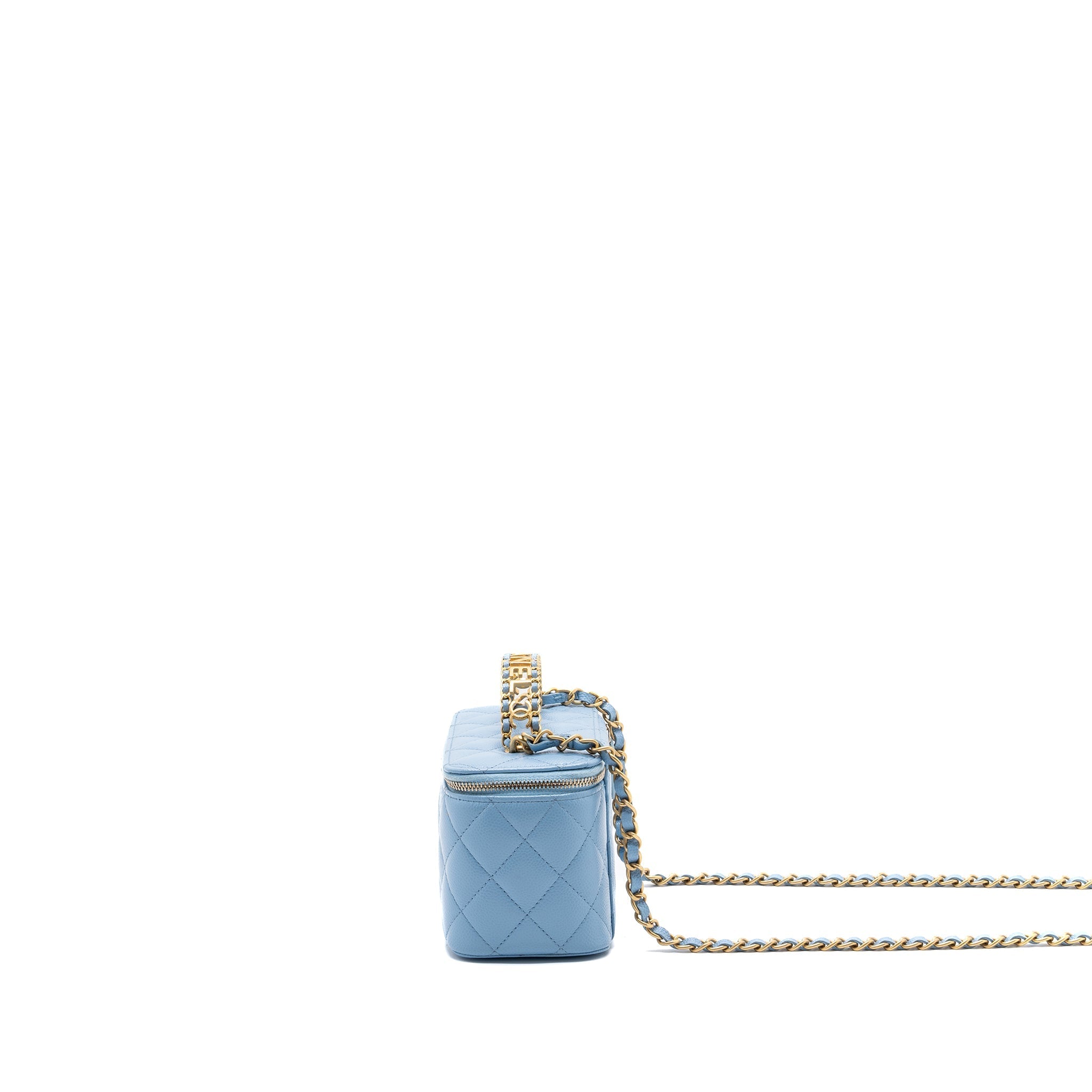 Chanel detailed top handle long vanity with chain caviar light blue