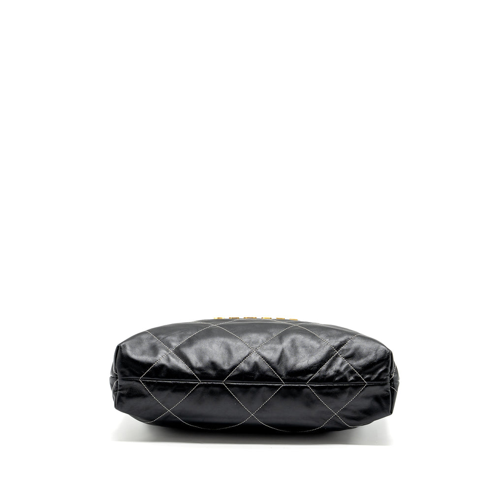 Chanel Medium 22 Bag Shiny Calfskin Black With White Stitching Gold Letter  (Microchip)
