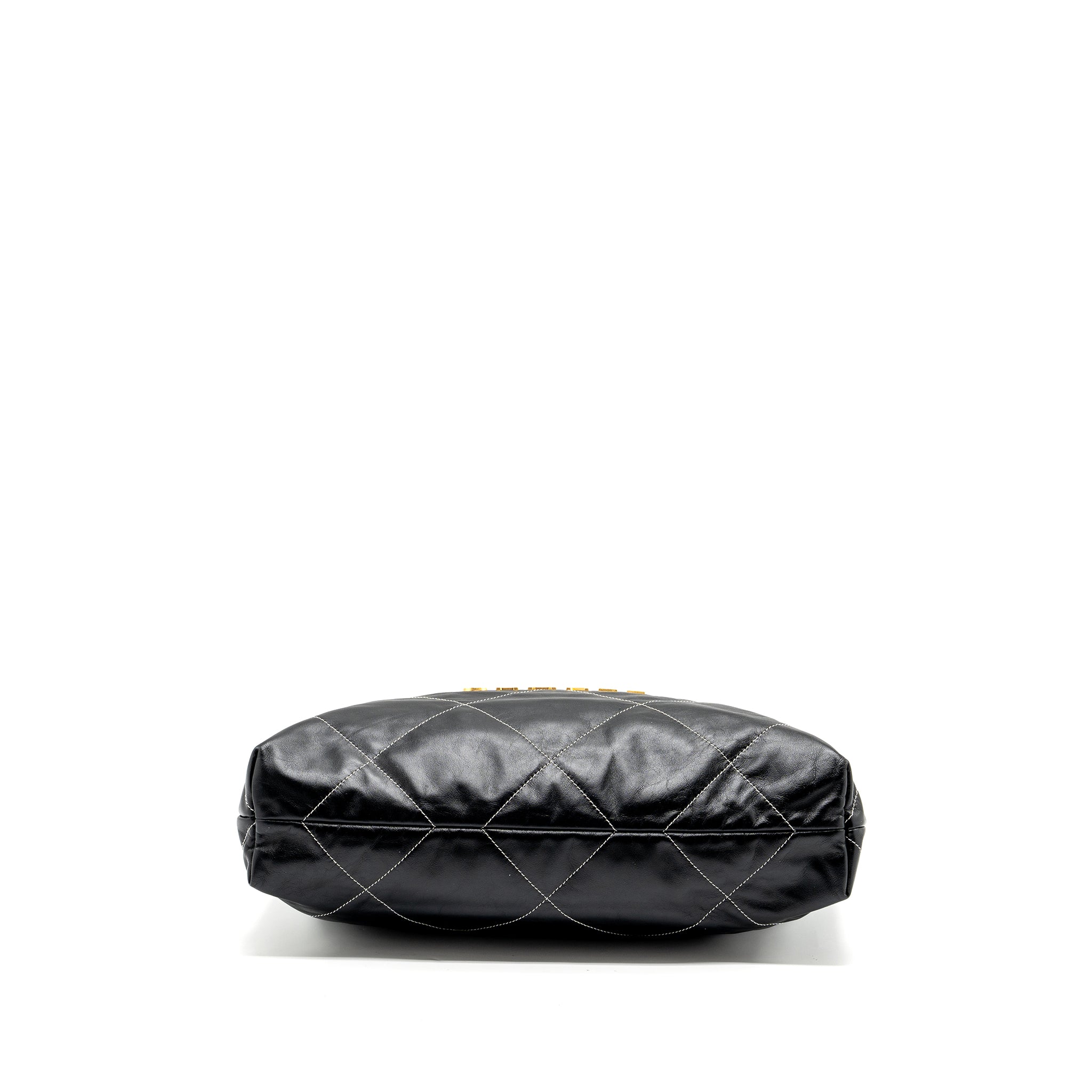 Chanel Medium 22 Bag Shiny Calfskin Black With White Stitching Gold Letter  (Microchip)
