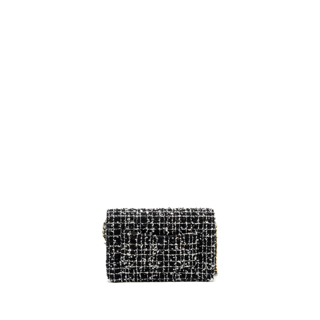 Chanel 24p Detail Chains Wallet On Chain Tweed/Sequins Black/White L (Microchip)