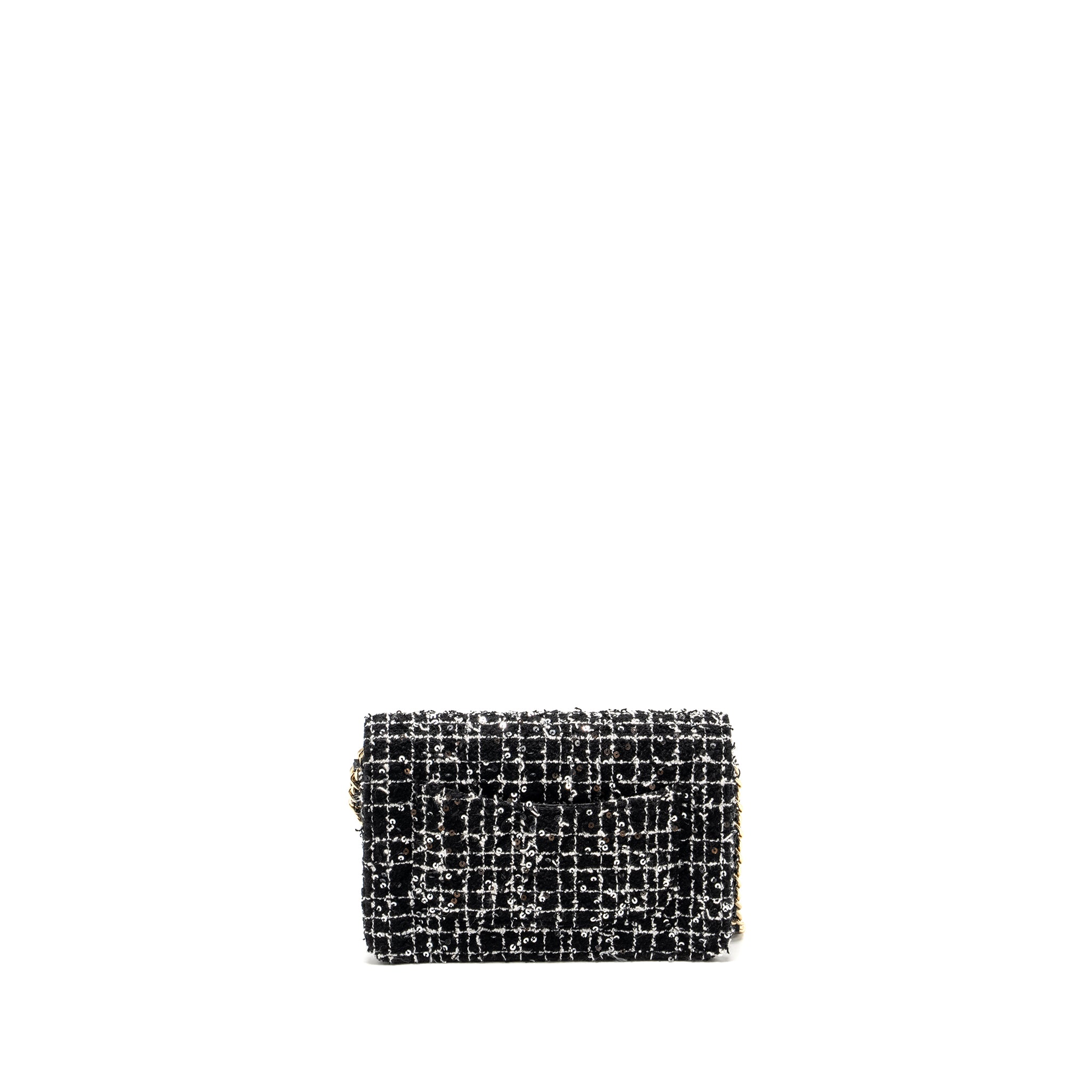 Chanel 24p Detail Chains Wallet On Chain Tweed/Sequins Black/White L (Microchip)