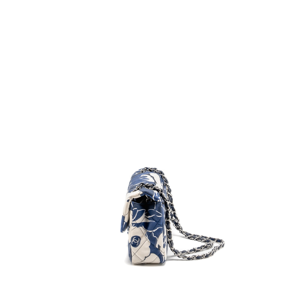 Chanel Medium Limited Edition Flora Printed Classic Flap Bag Silk Blue/WHITE  (Microchip)