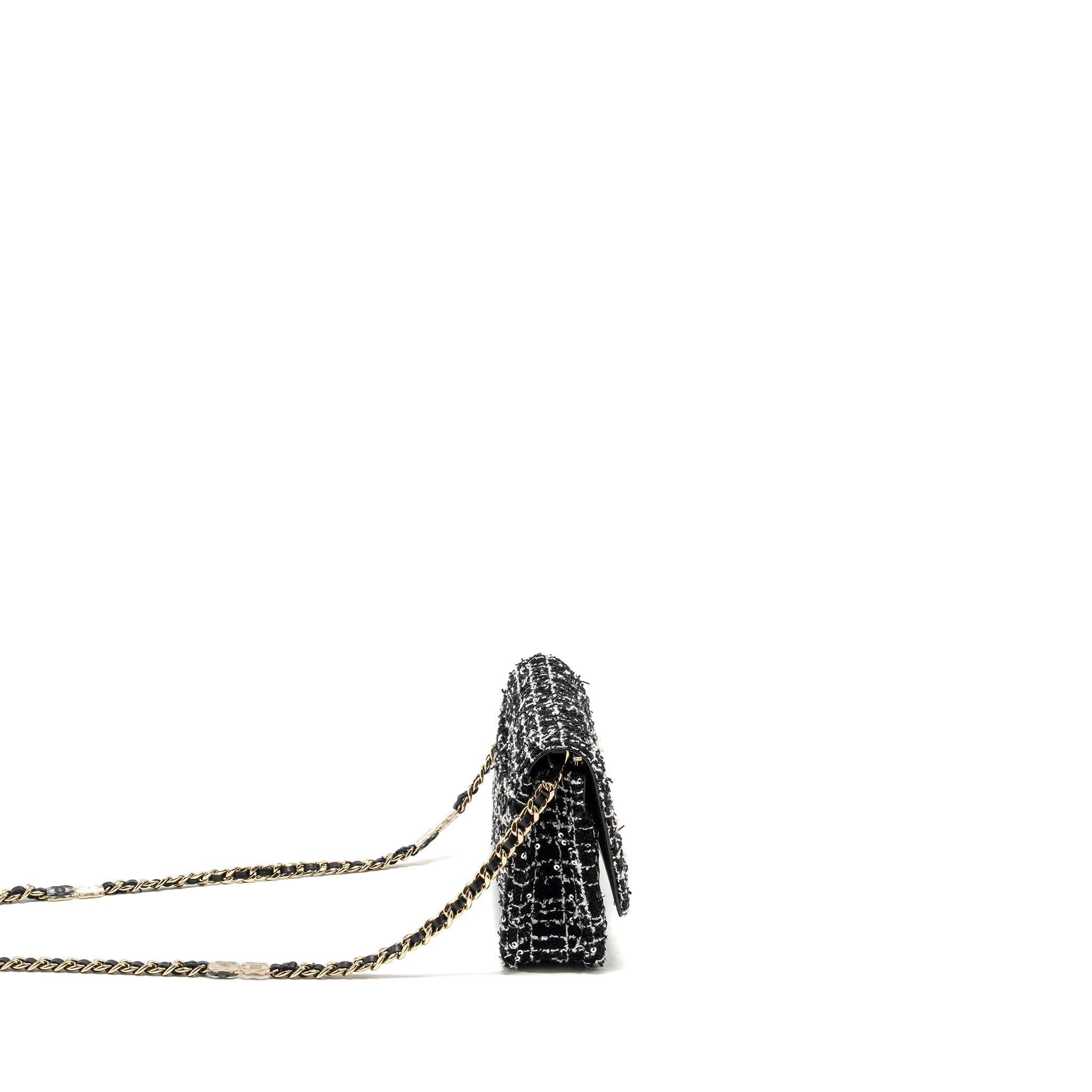 Chanel 24p Detail Chains Wallet On Chain Tweed/Sequins Black/White L (Microchip)