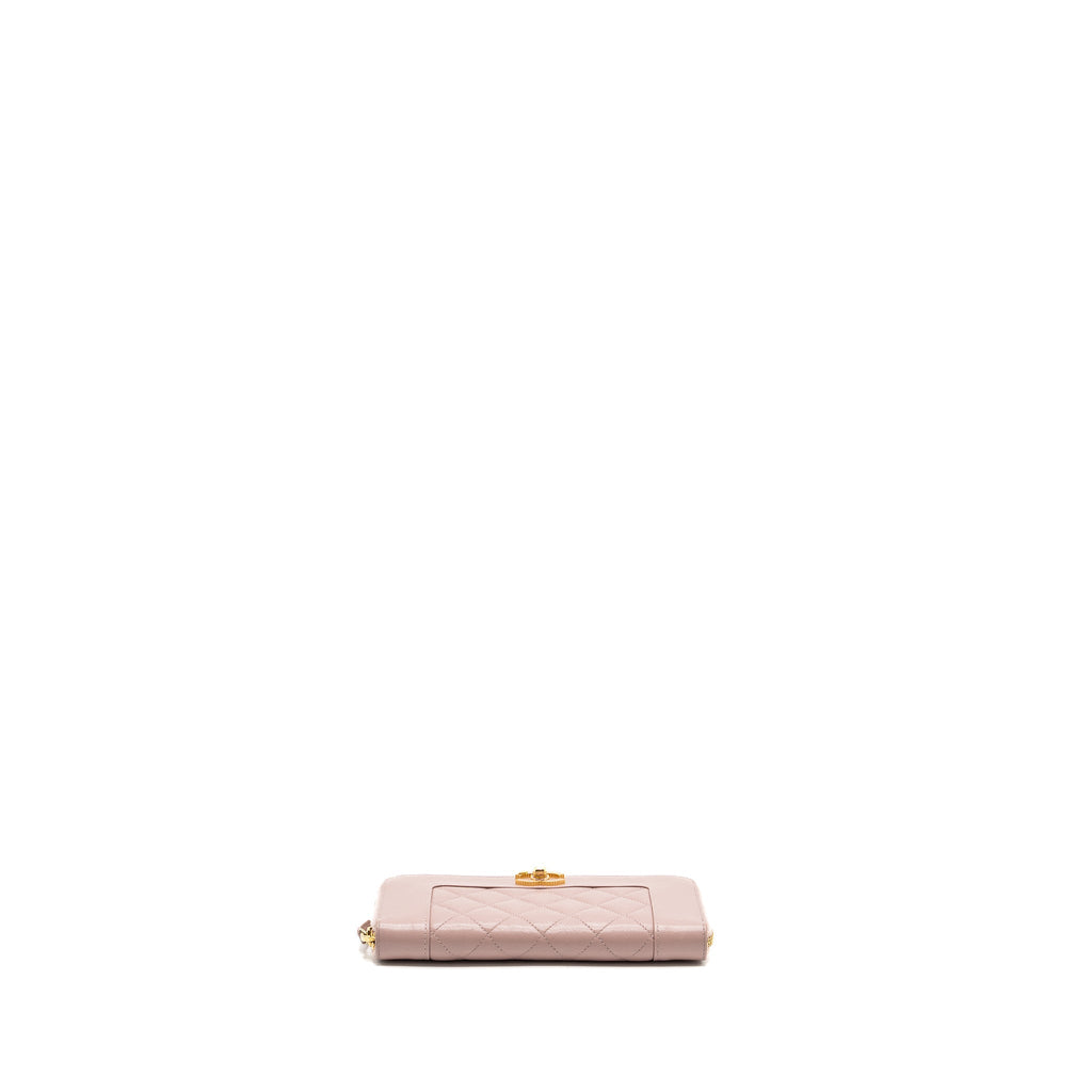 Chanel zip long wallet goatskin leather light pink