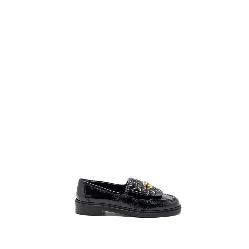 Chanel Size 38.5 Quilted CC Logo Loafer Patent Lambskin Black L