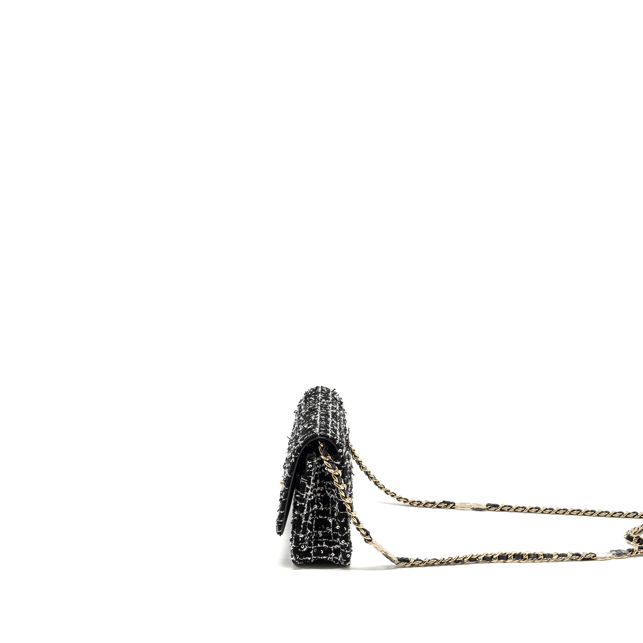 Chanel 24p Detail Chains Wallet On Chain Tweed/Sequins Black/White L (Microchip)