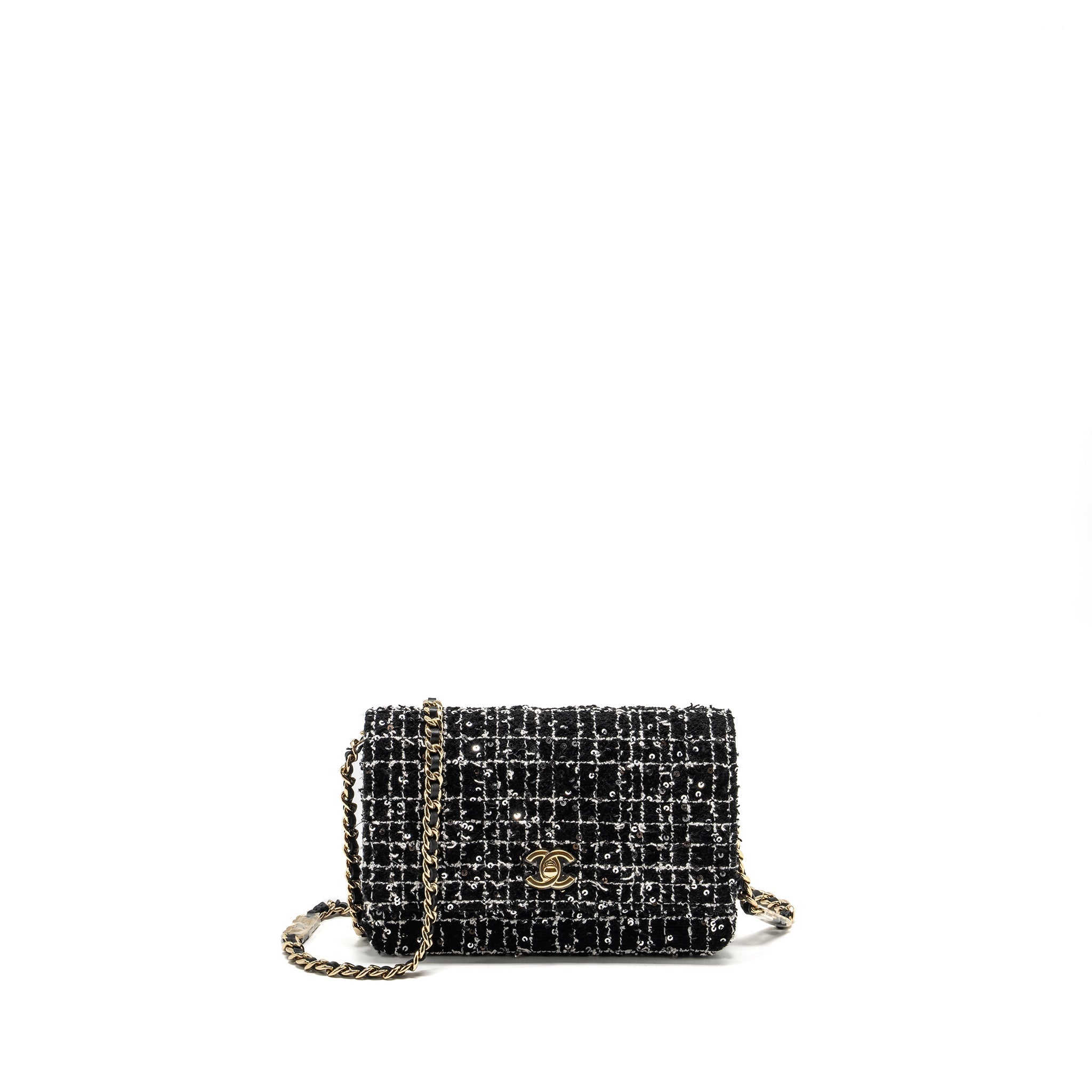 Chanel 24p Detail Chains Wallet On Chain Tweed/Sequins Black/White L (Microchip)