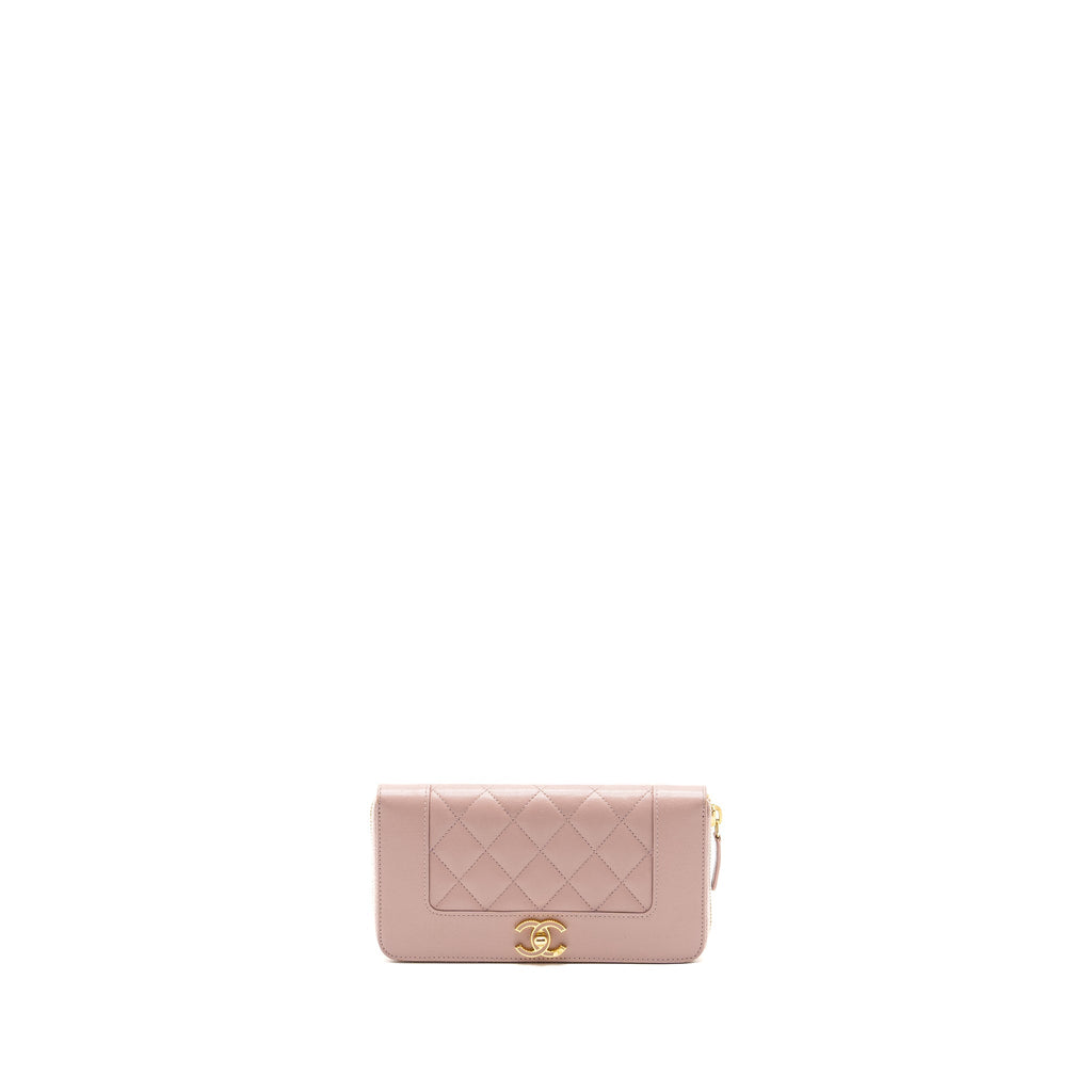 Chanel zip long wallet goatskin leather light pink