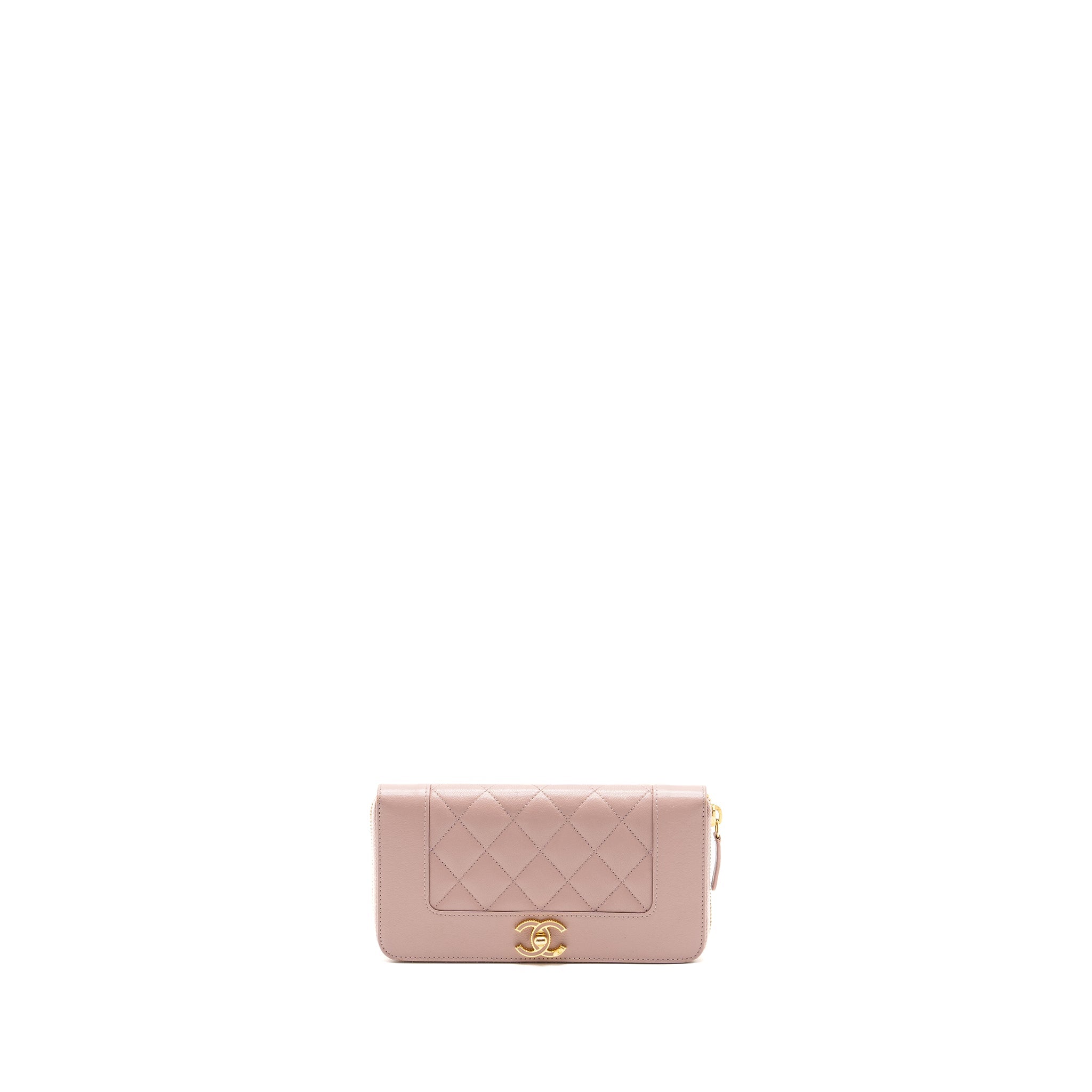 Chanel zip long wallet goatskin leather light pink