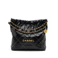 Chanel Medium 22 Bag Shiny Calfskin Black With White Stitching Gold Letter  (Microchip)