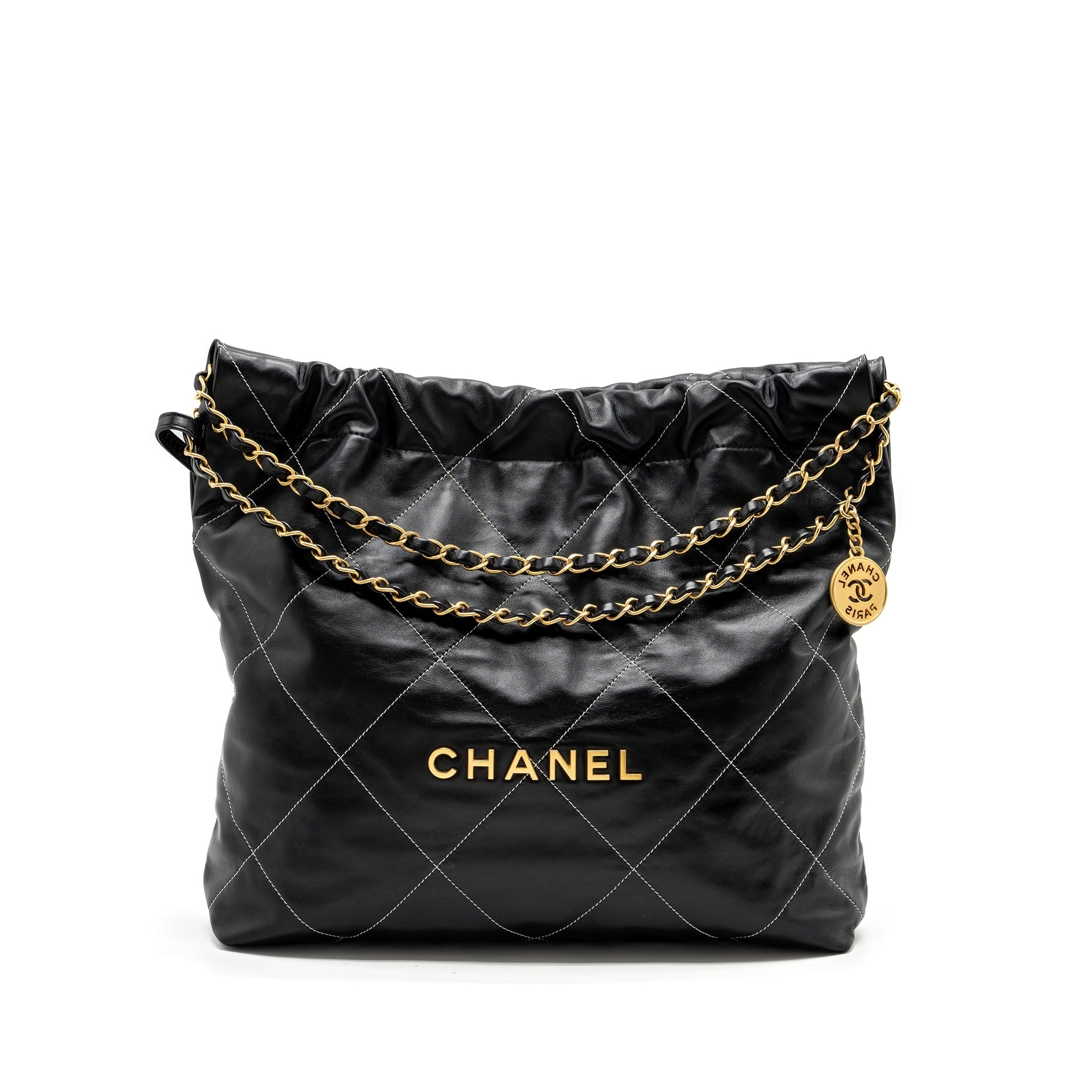 Chanel Medium 22 Bag Shiny Calfskin Black With White Stitching Gold Letter  (Microchip)