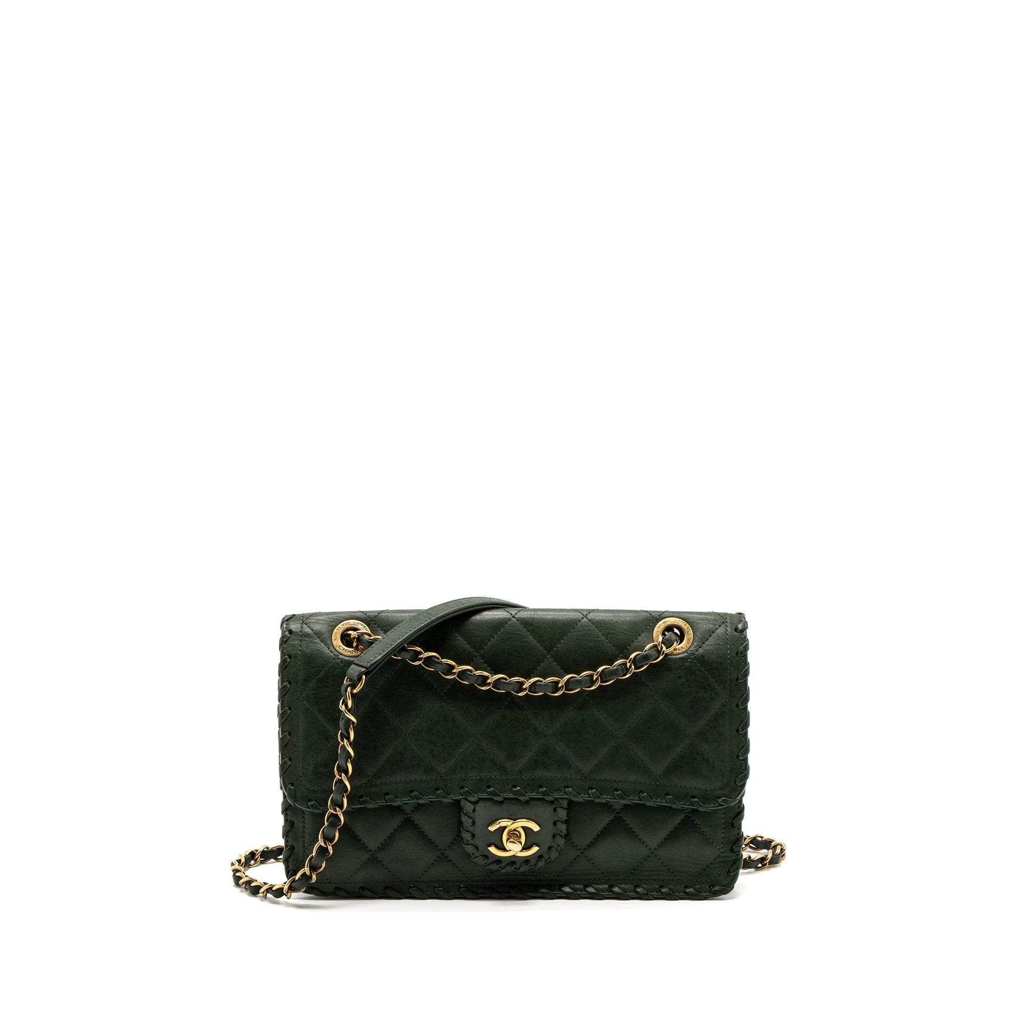 Chanel quilted flap bag calfskin green ruthenium