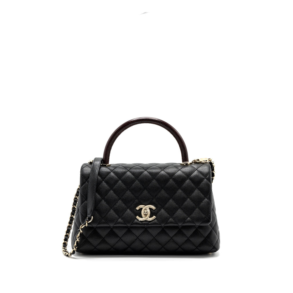 Chanel Medium Coco Handle Flap Bag Lizard Embossed Handle Caviar Black L