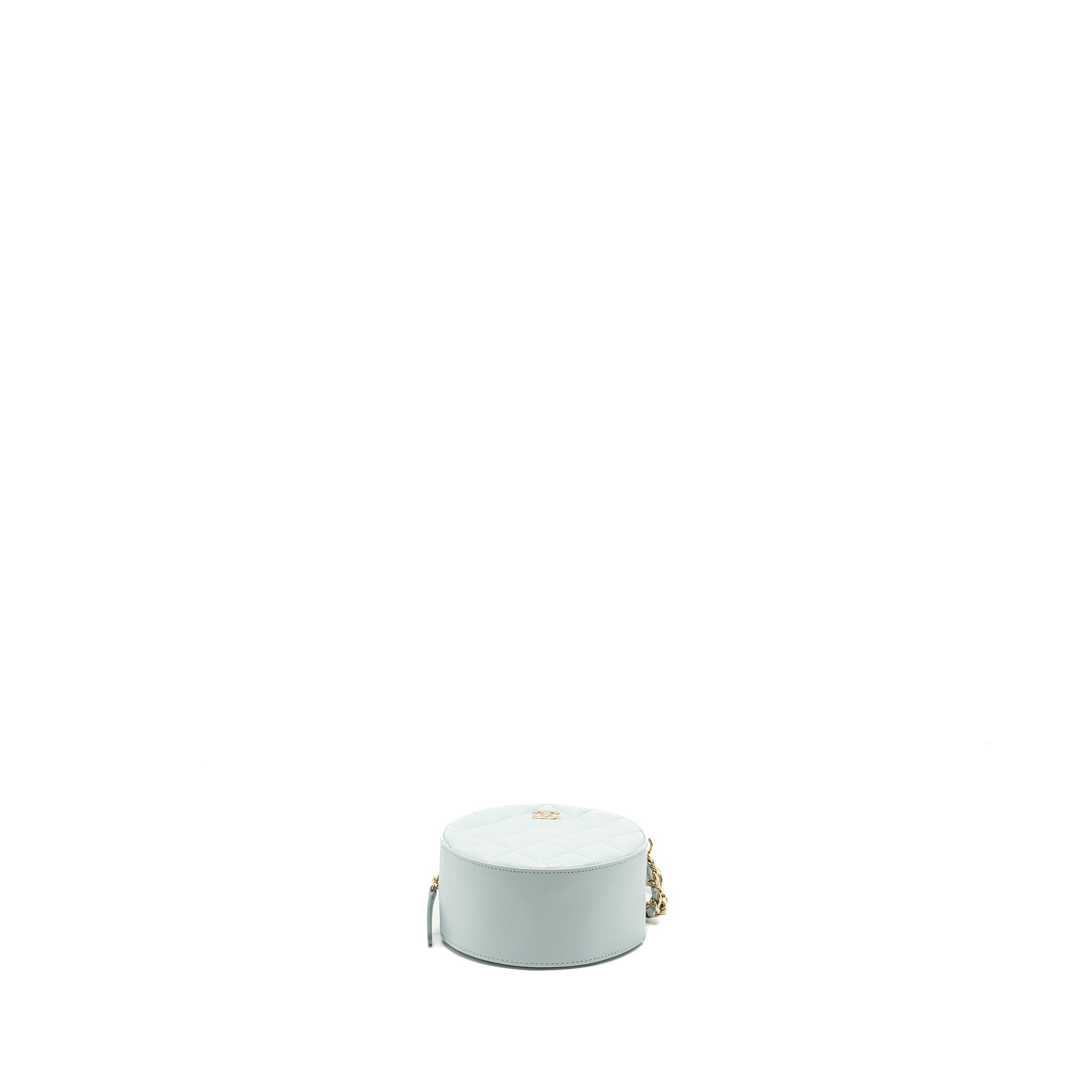 Chanel Mini Round Vanity With ribbon on chain Lambskin Light Blue L