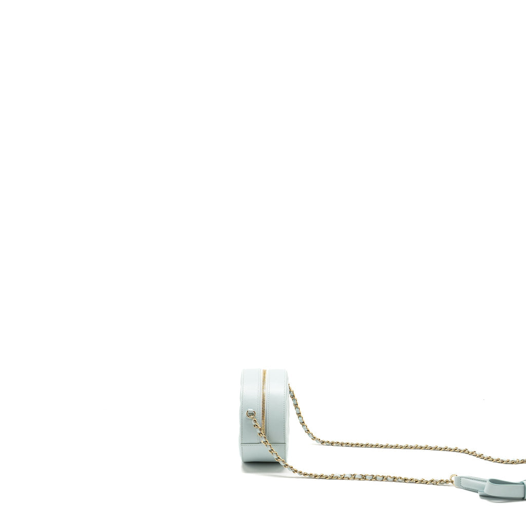 Chanel Mini Round Vanity With ribbon on chain Lambskin Light Blue L
