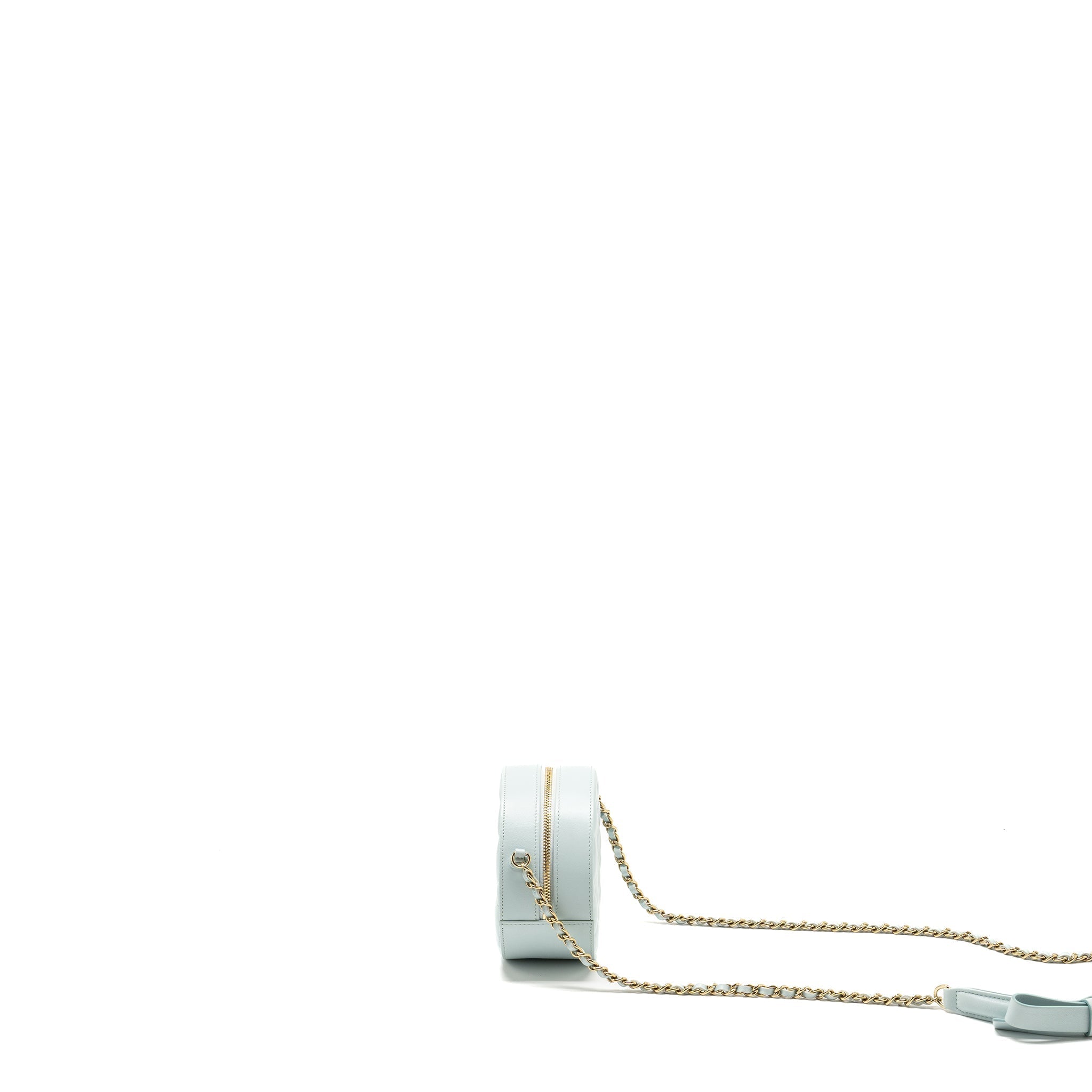 Chanel Mini Round Vanity With ribbon on chain Lambskin Light Blue L