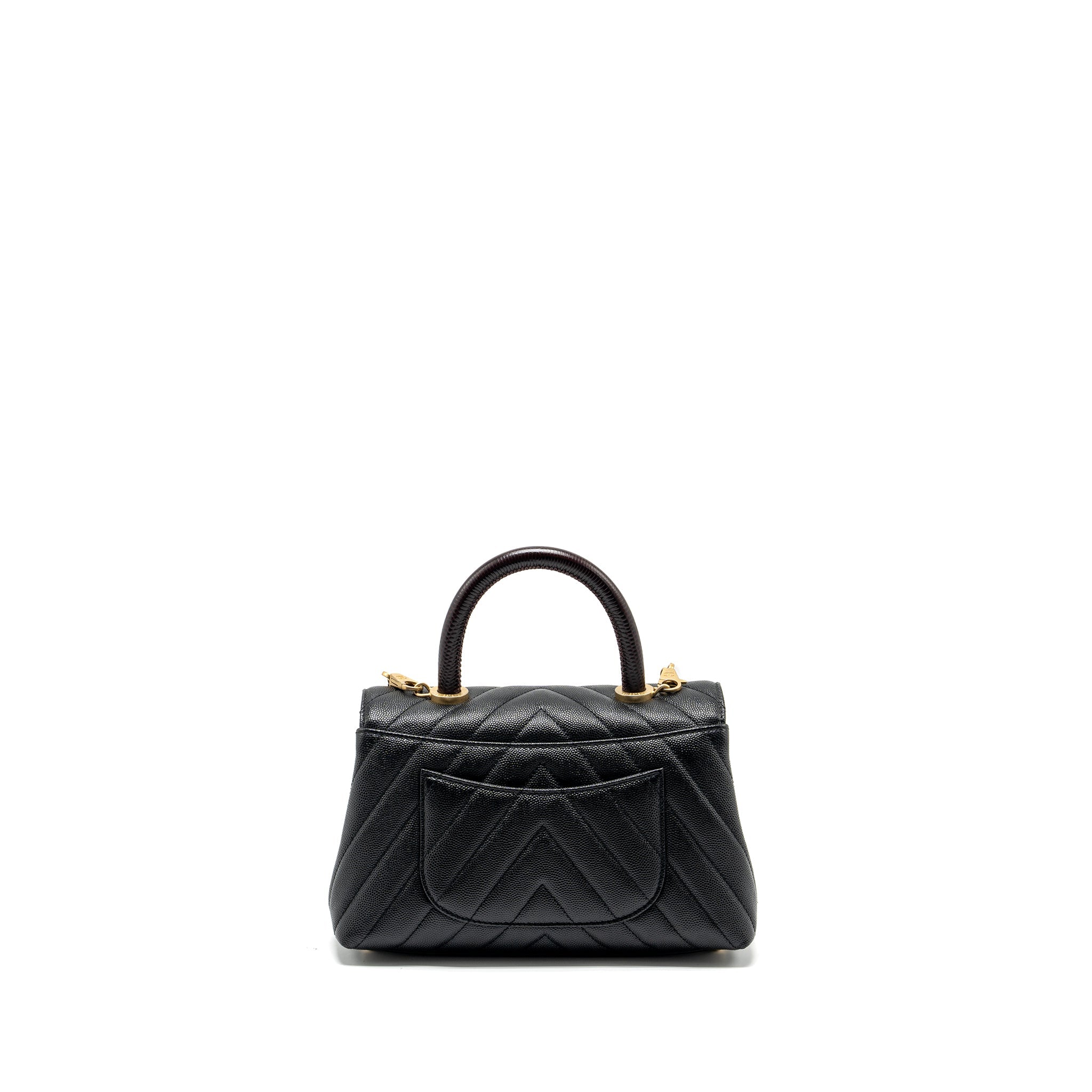 Chanel Small Coco Handle Chevron Caviar with Lizard Embossed Handle Black/ Burgundy