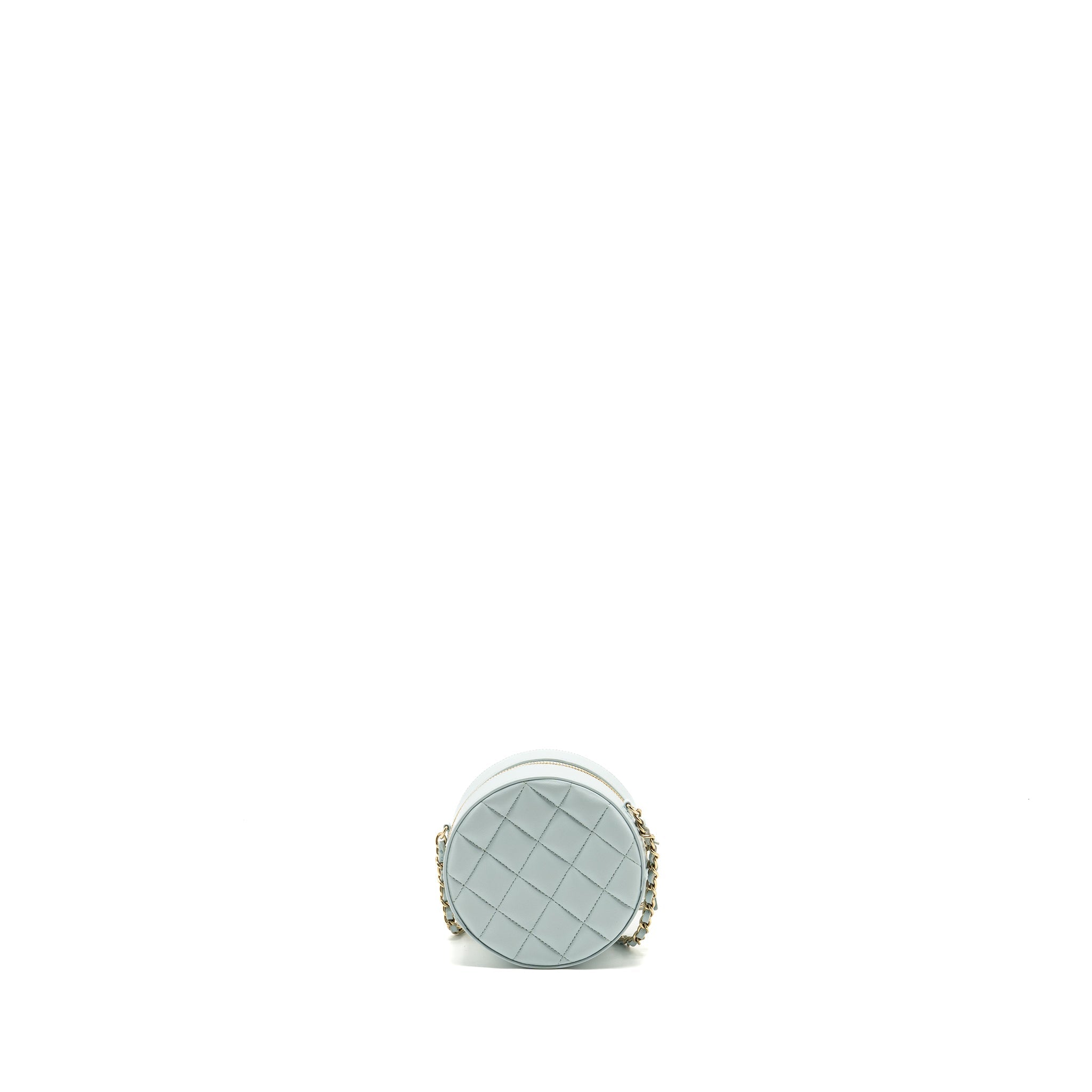 Chanel Mini Round Vanity With ribbon on chain Lambskin Light Blue L