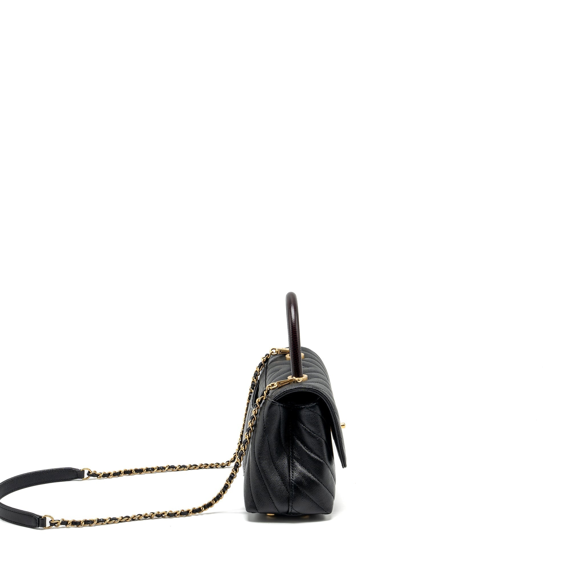 Chanel Small Coco Handle Chevron Caviar with Lizard Embossed Handle Black/ Burgundy