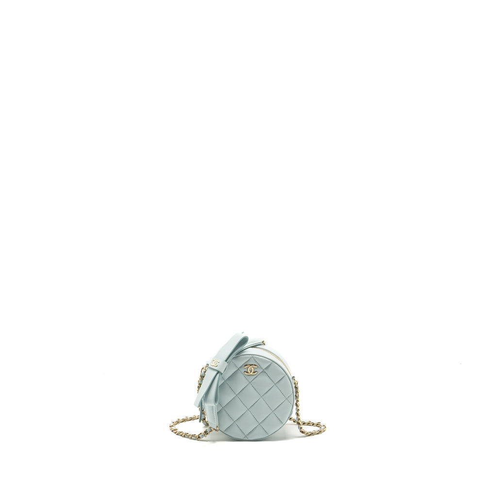 Chanel Mini Round Vanity With ribbon on chain Lambskin Light Blue L