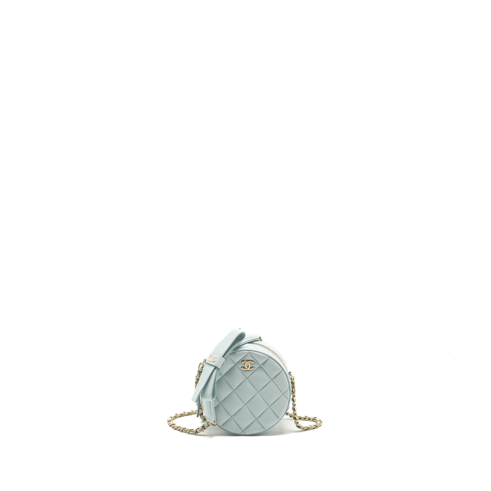 Chanel Mini Round Vanity With ribbon on chain Lambskin Light Blue L