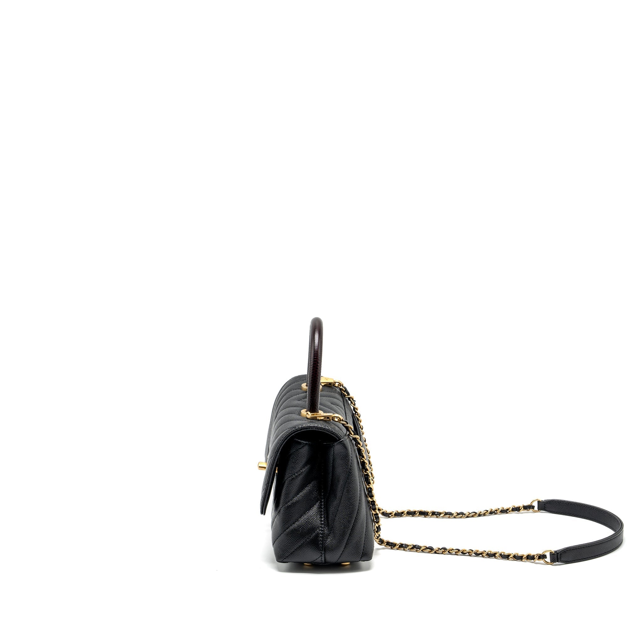 Chanel Small Coco Handle Chevron Caviar with Lizard Embossed Handle Black/ Burgundy