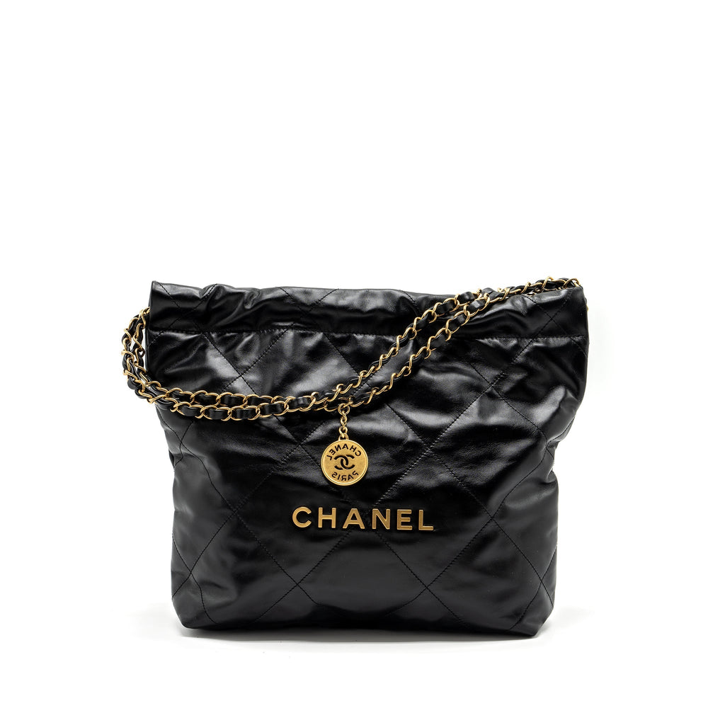 Chanel Small 22 Bag Gold Letter Shiny Calfskin Black  (Microchip)