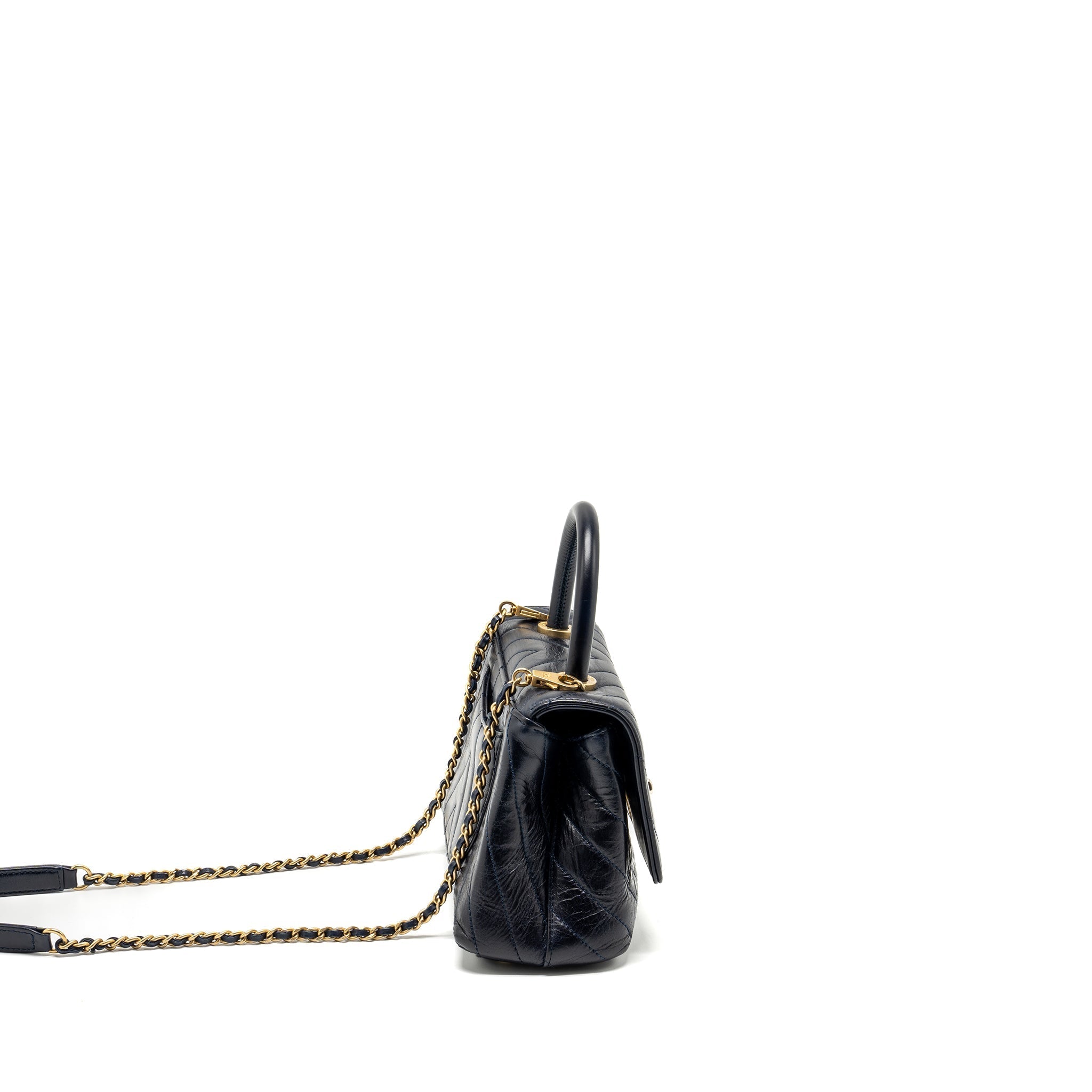 Chanel Small Coco Handle Chevron Calfskin Dark Blue