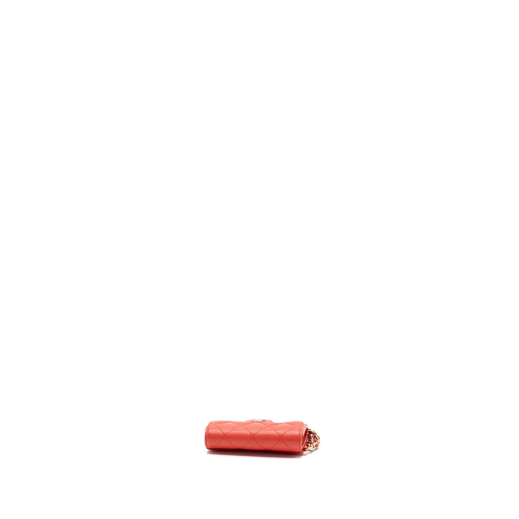 Chanel flap card holder with chain on one side caviar coral pink L