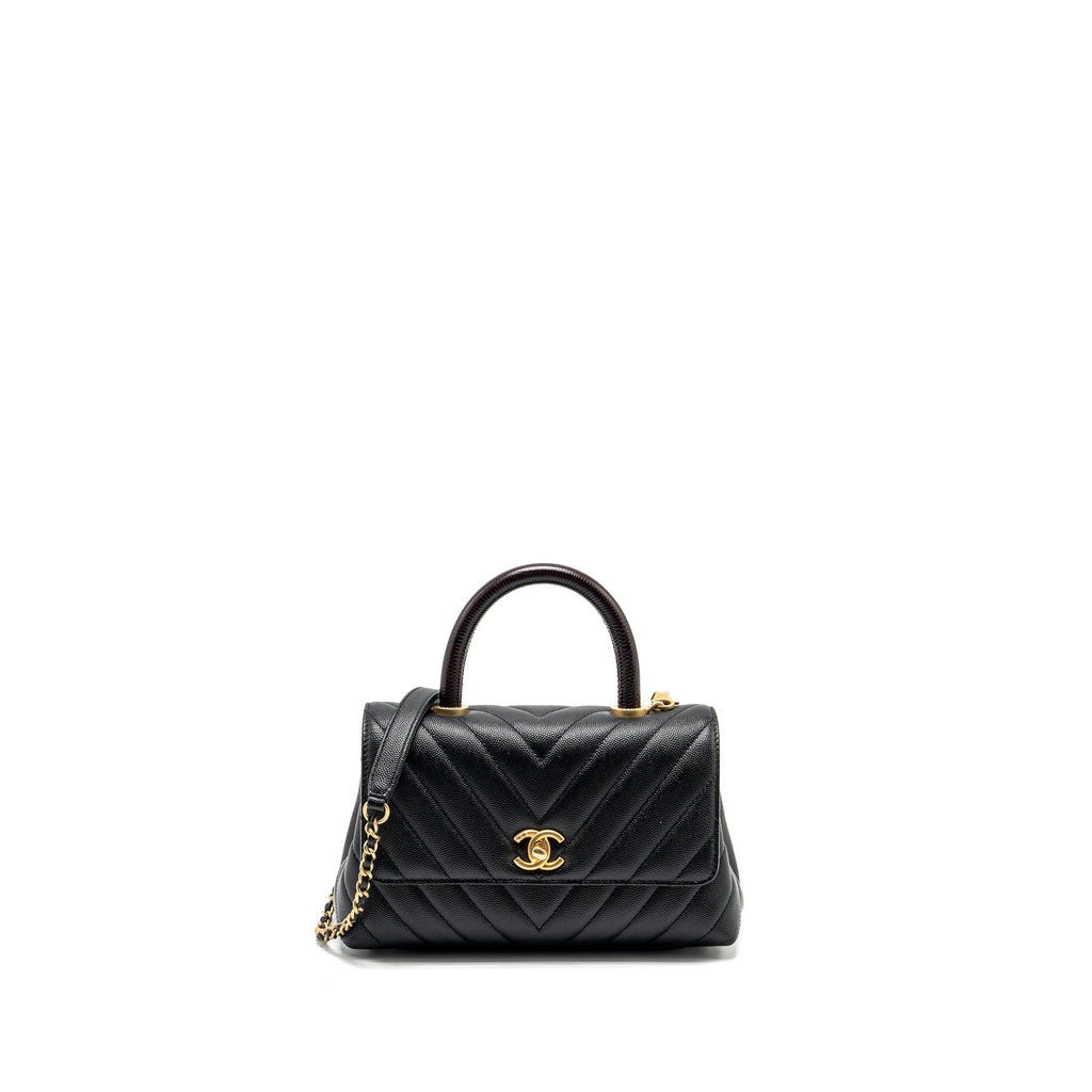 Chanel Small Coco Handle Chevron Caviar with Lizard Embossed Handle Black/ Burgundy