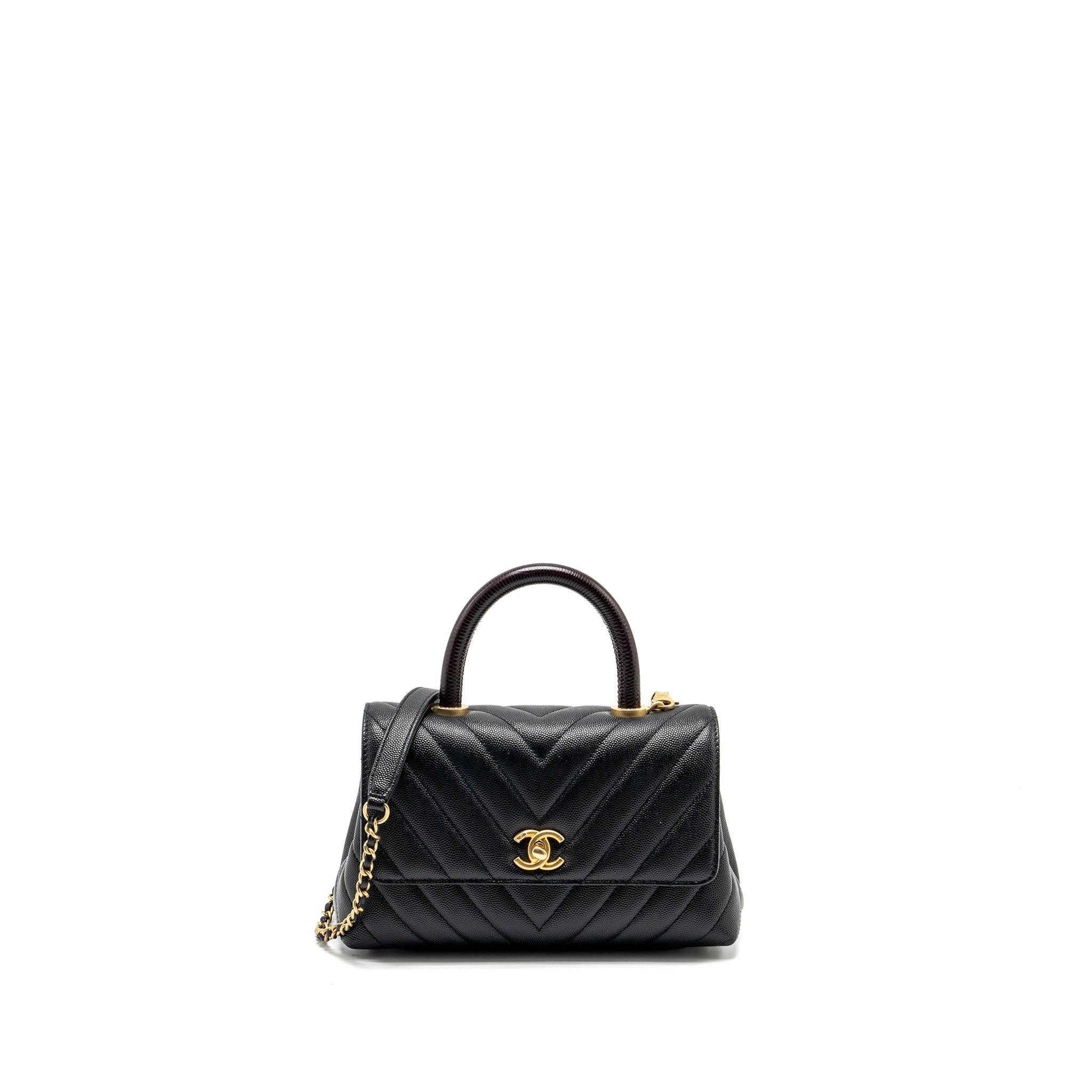Chanel Small Coco Handle Chevron Caviar with Lizard Embossed Handle Black/ Burgundy
