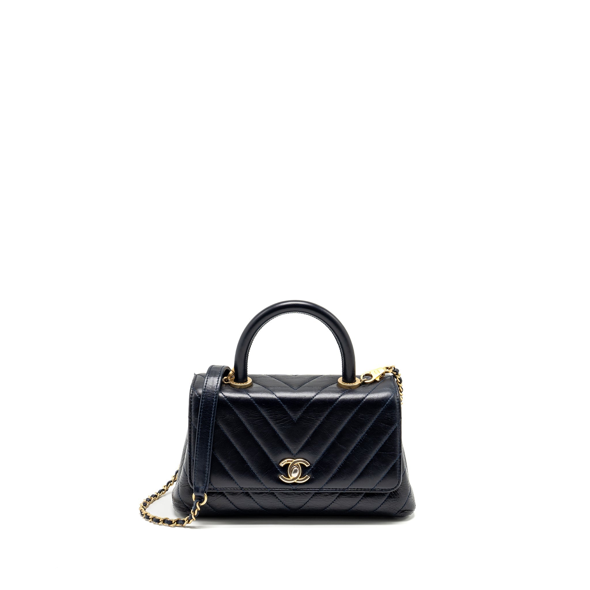 Chanel Small Coco Handle Chevron Calfskin Dark Blue