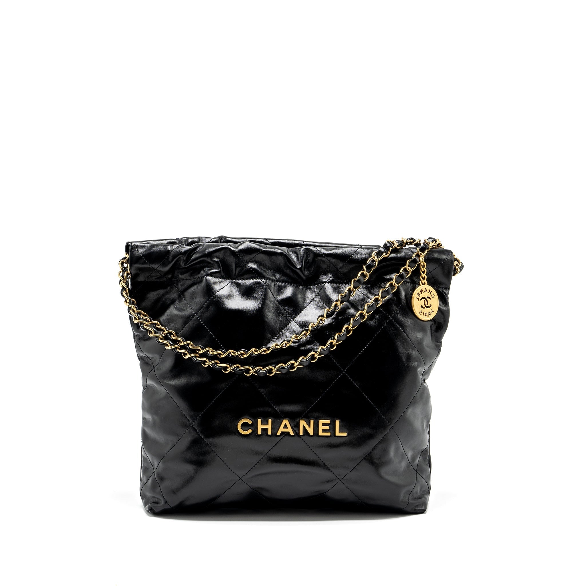 Chanel Small 22 Bag Gold Letter Shiny Calfskin Black  (Microchip)