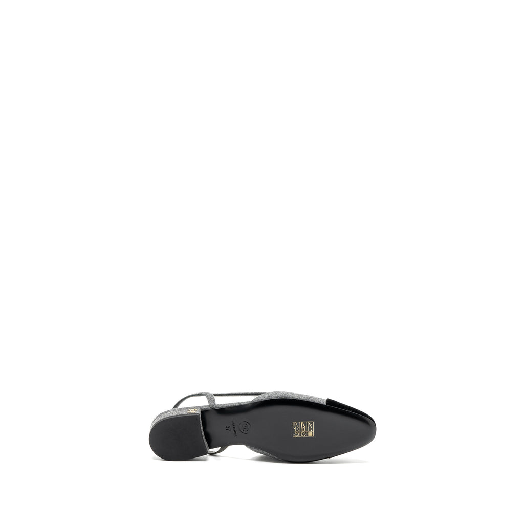 Chanel Size 37 Sling Back Flat Shoes Felt/Velvet Grey/Black