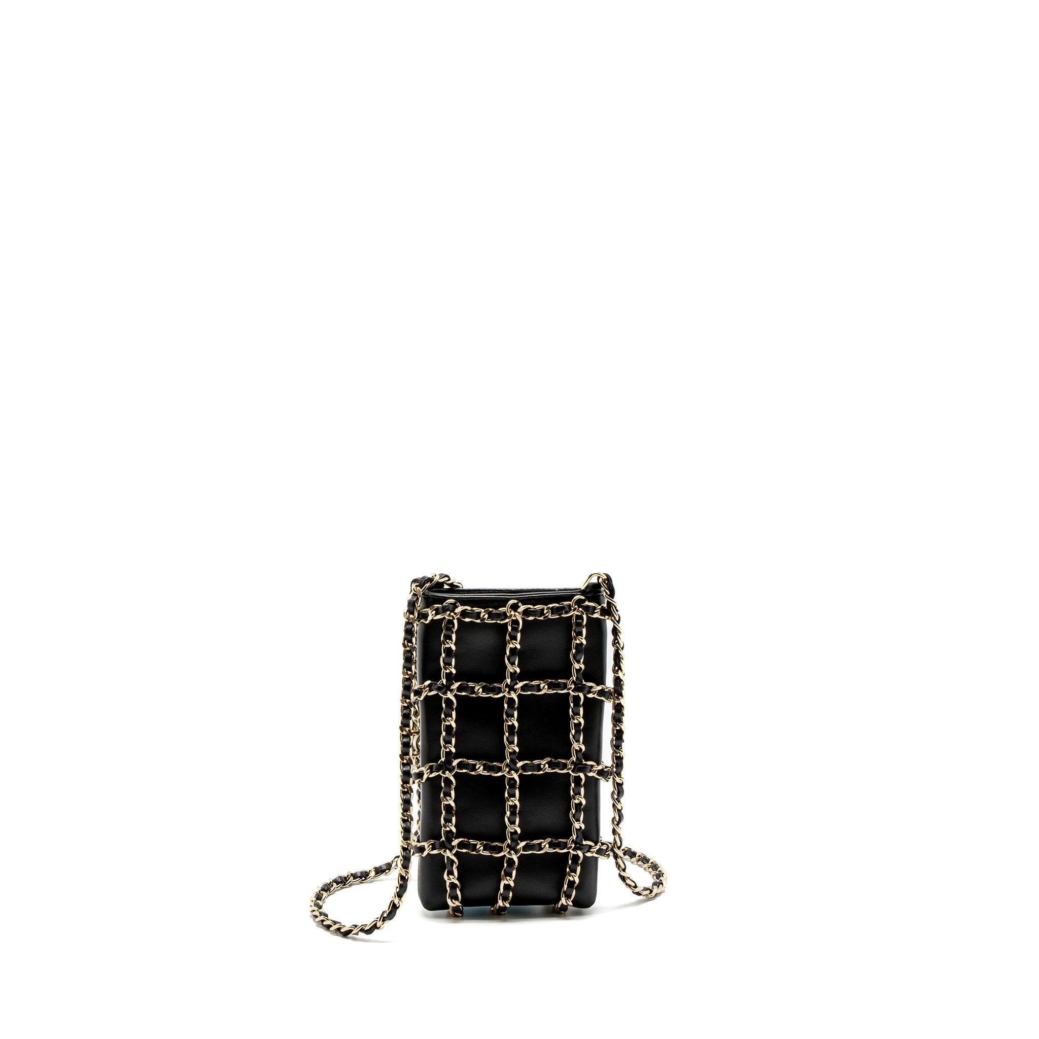 Chanel Gold Cluth O Chain Vertical Phone Holder Lambskin Black