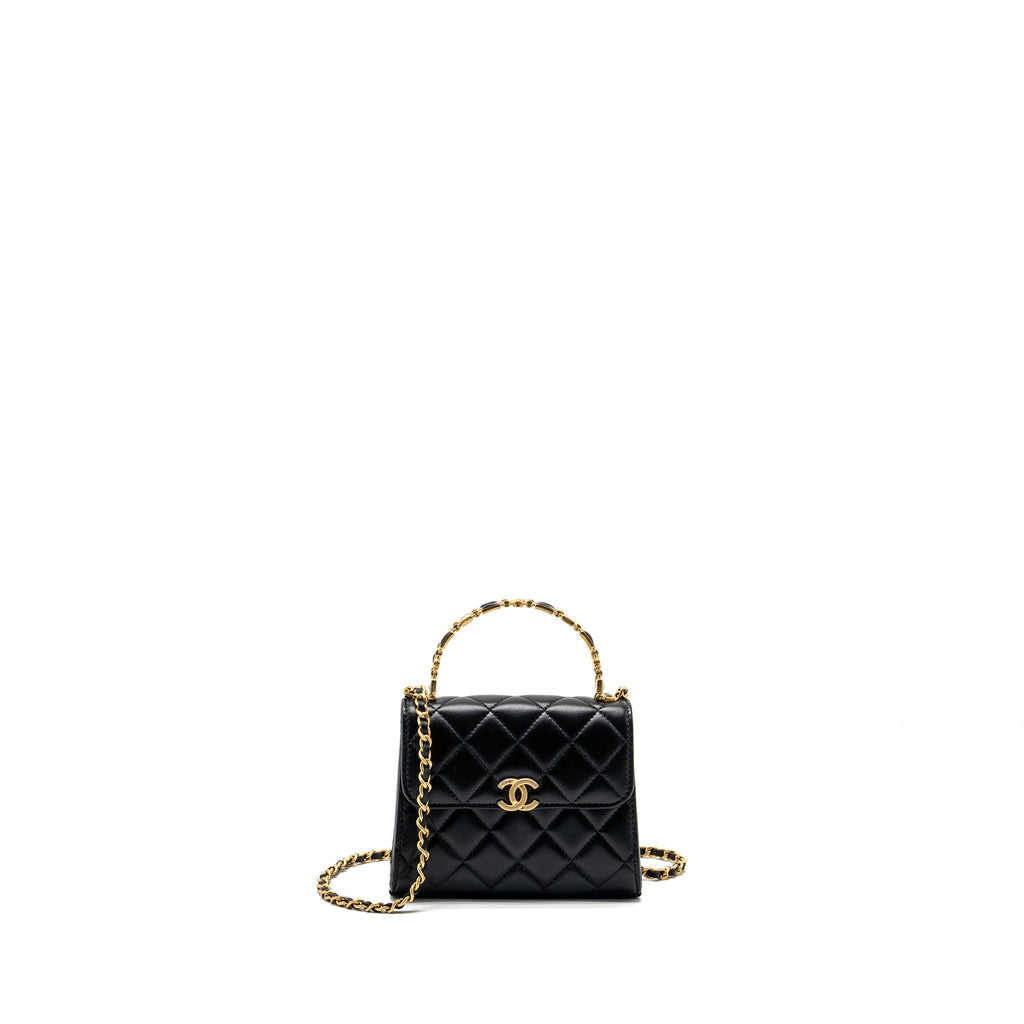 Chanel 22B Enamel Top handle Mini Flap Bag Lambskin Black  (Microchip)